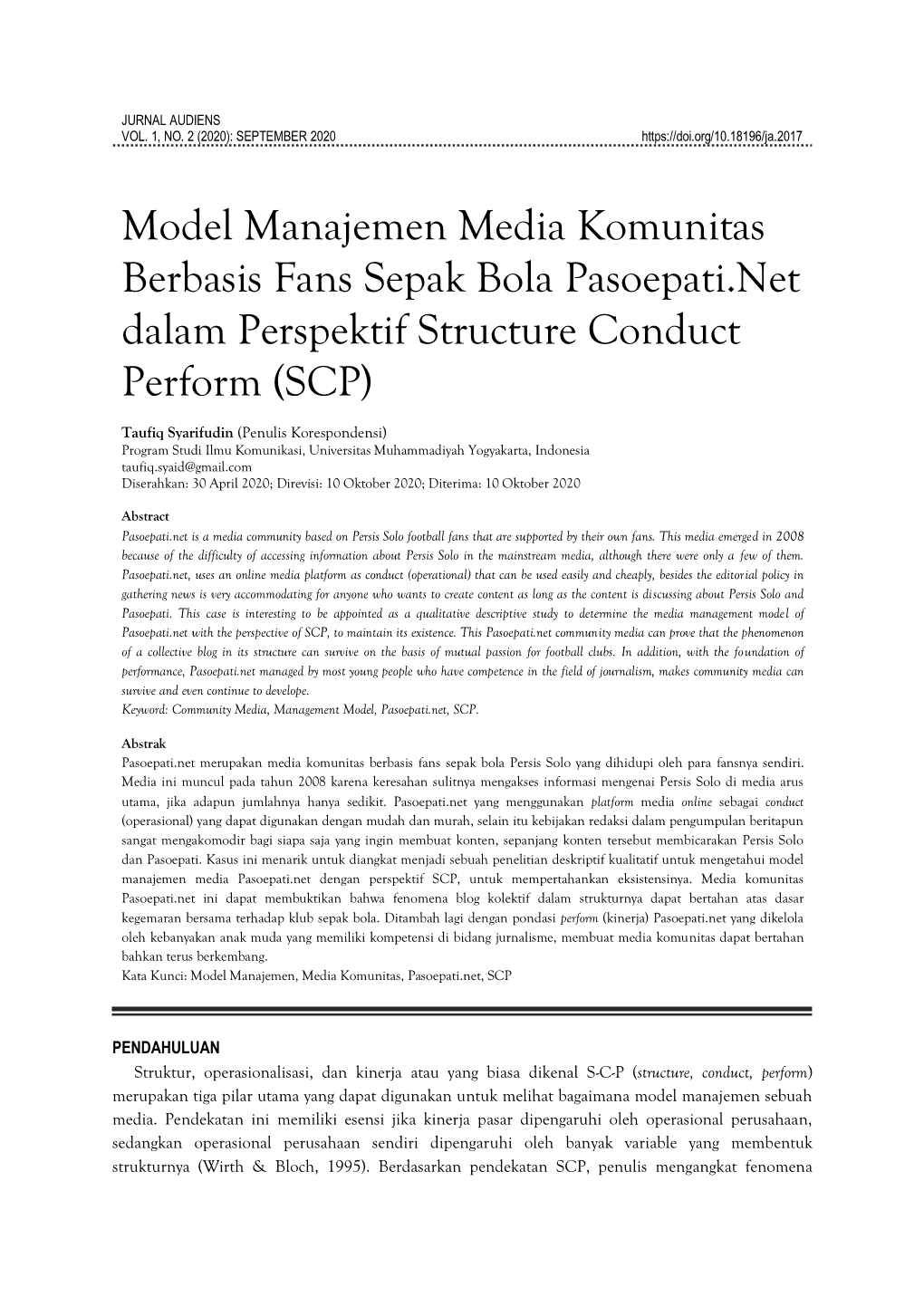 Model Manajemen Media Komunitas Berbasis Fans Sepak Bola Pasoepati.Net Dalam Perspektif Structure Conduct Perform (SCP)