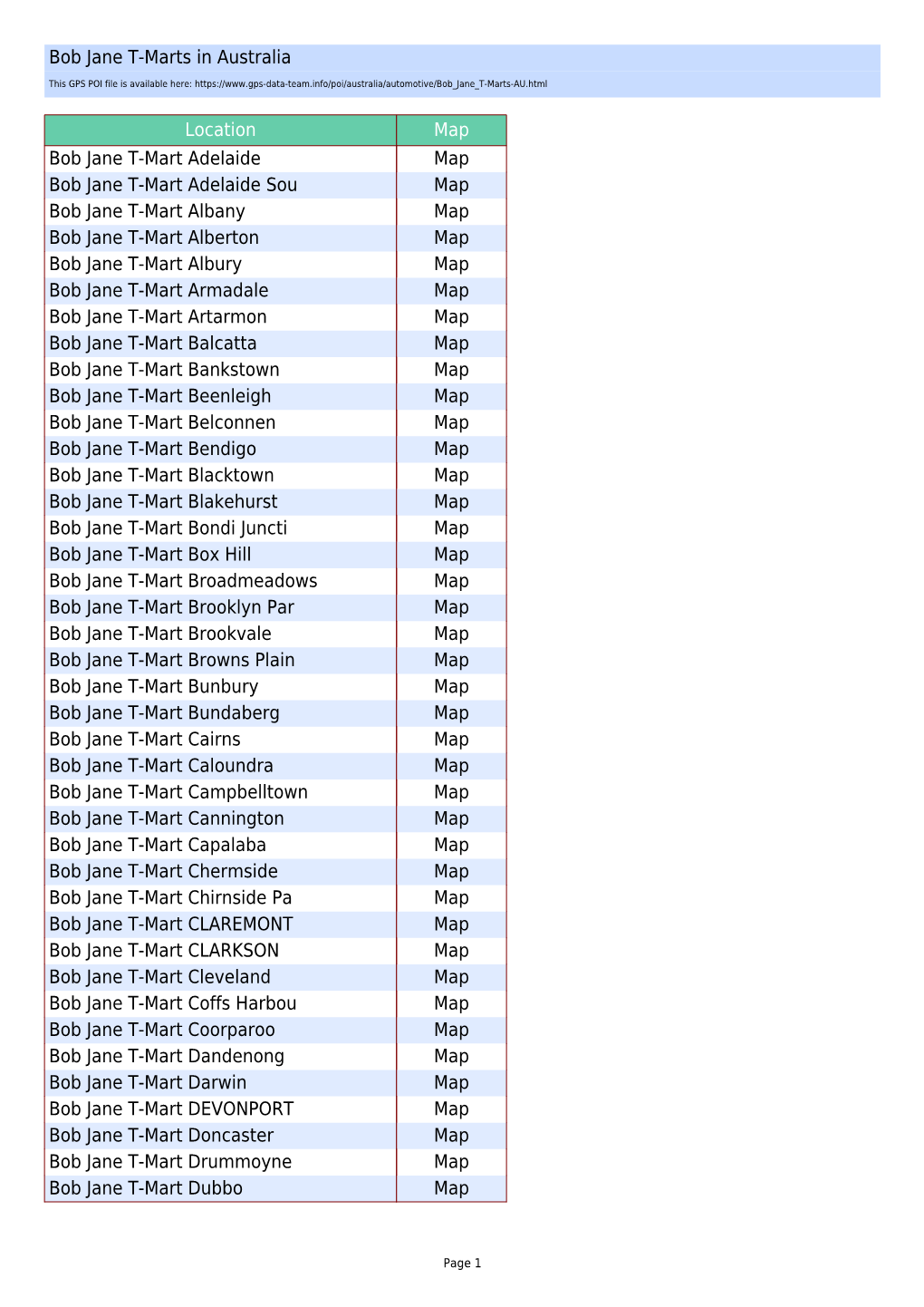 Bob Jane T-Marts in Australia Location Map