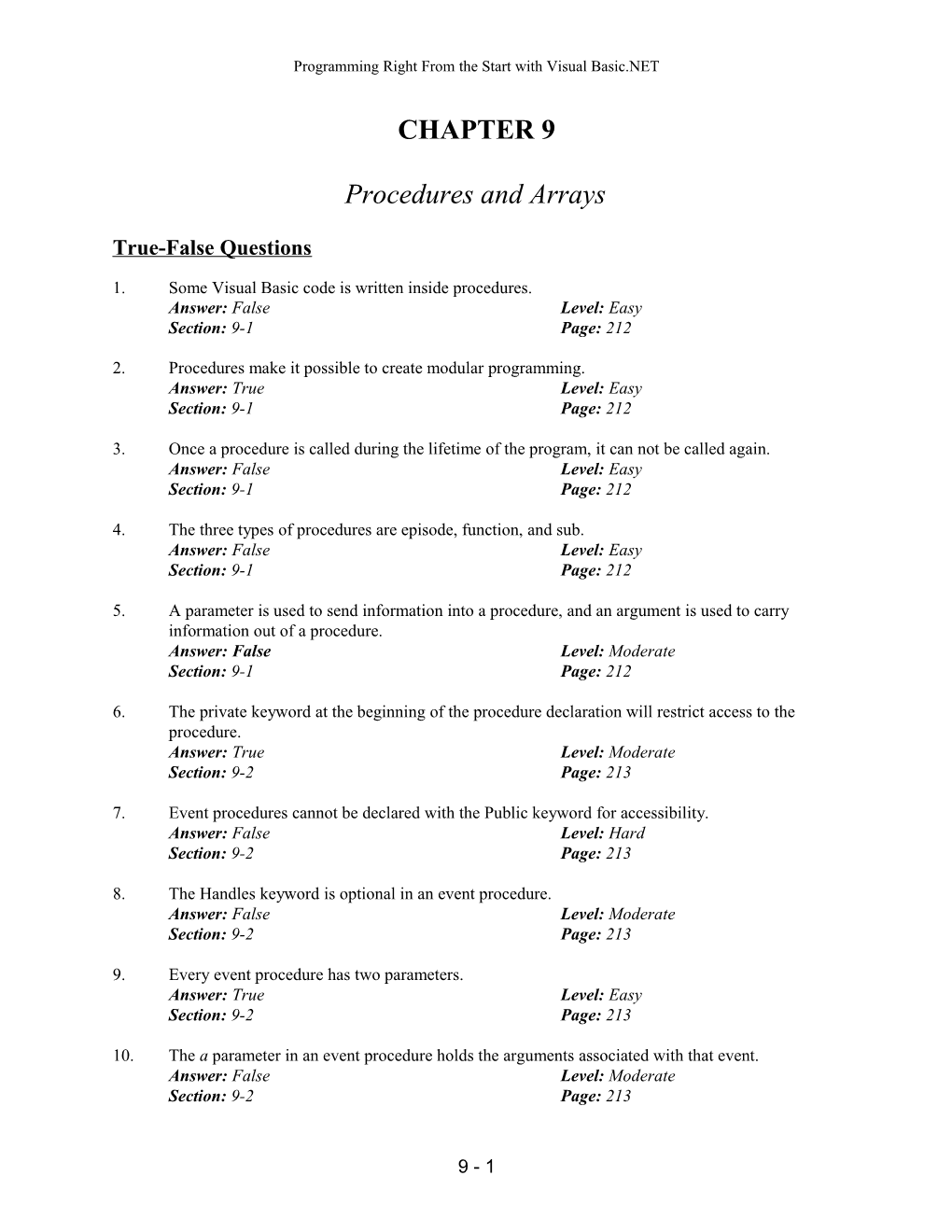 Chapter 9 Procedures and Arrays