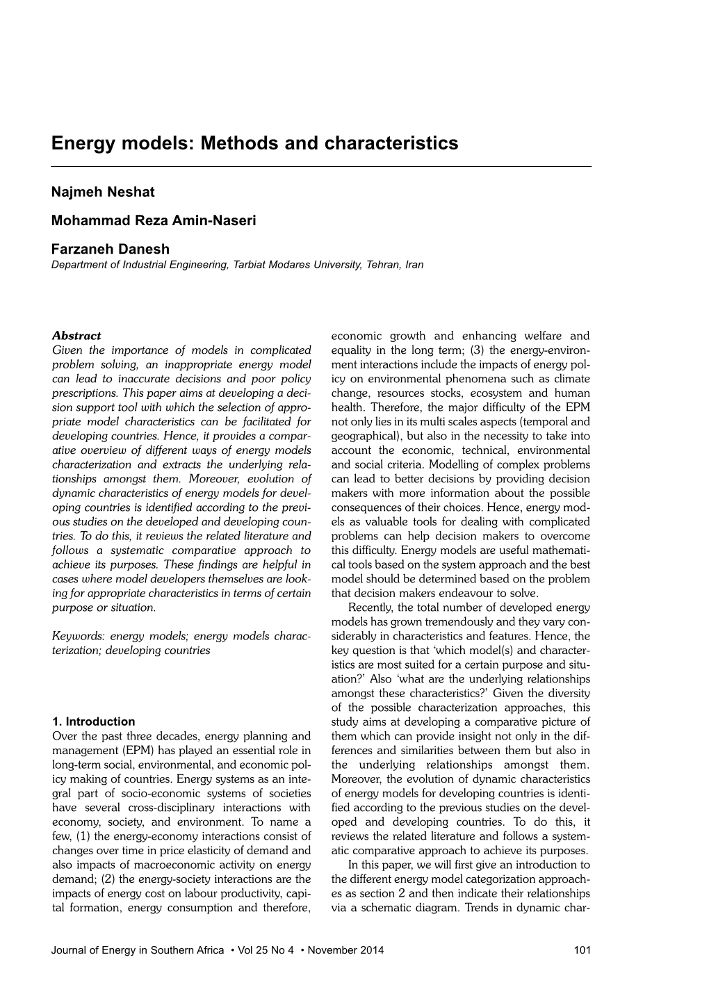 Energy Models: Methods and Characteristics