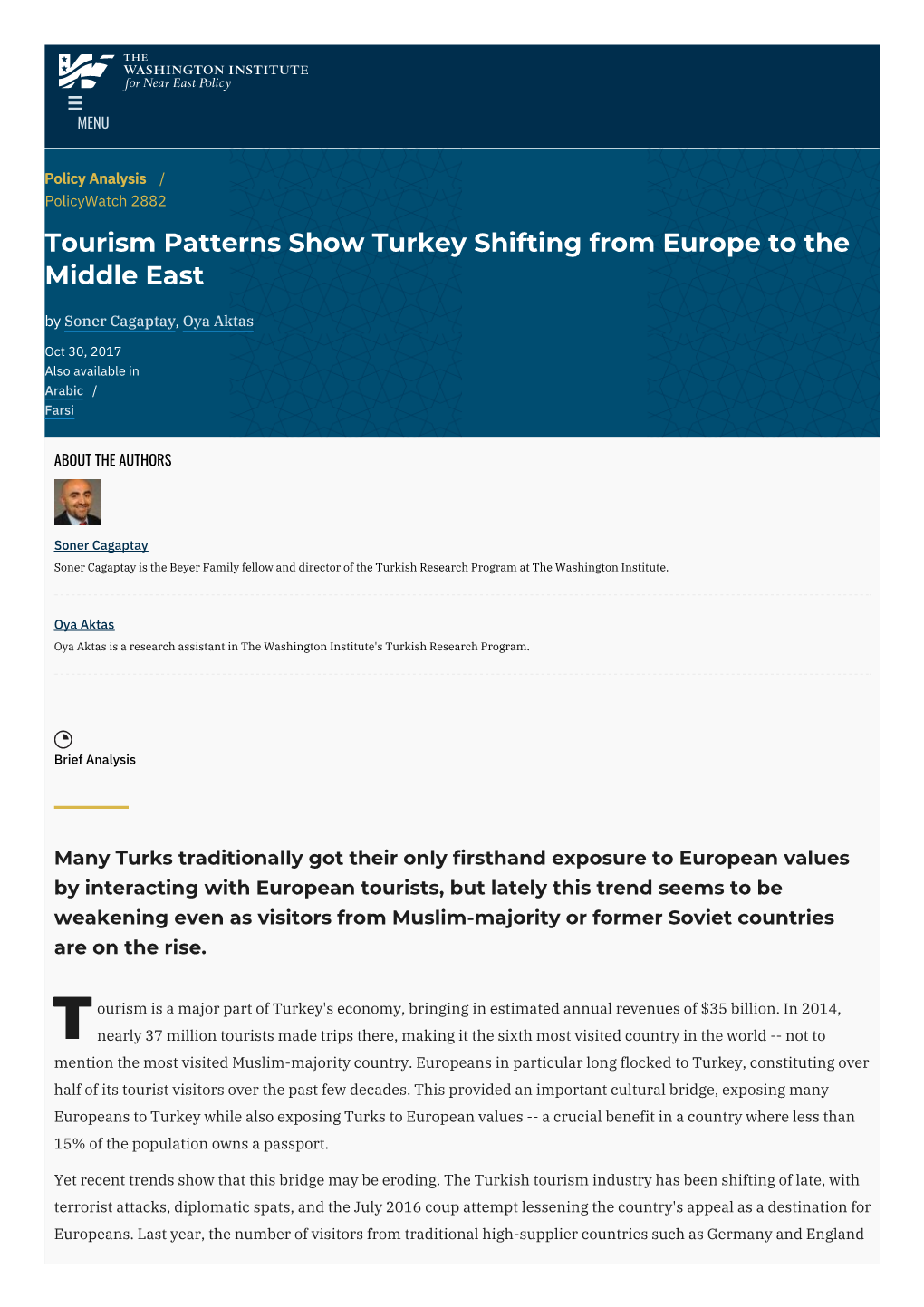 Tourism Patterns Show Turkey Shifting from Europe to the Middle East by Soner Cagaptay, Oya Aktas