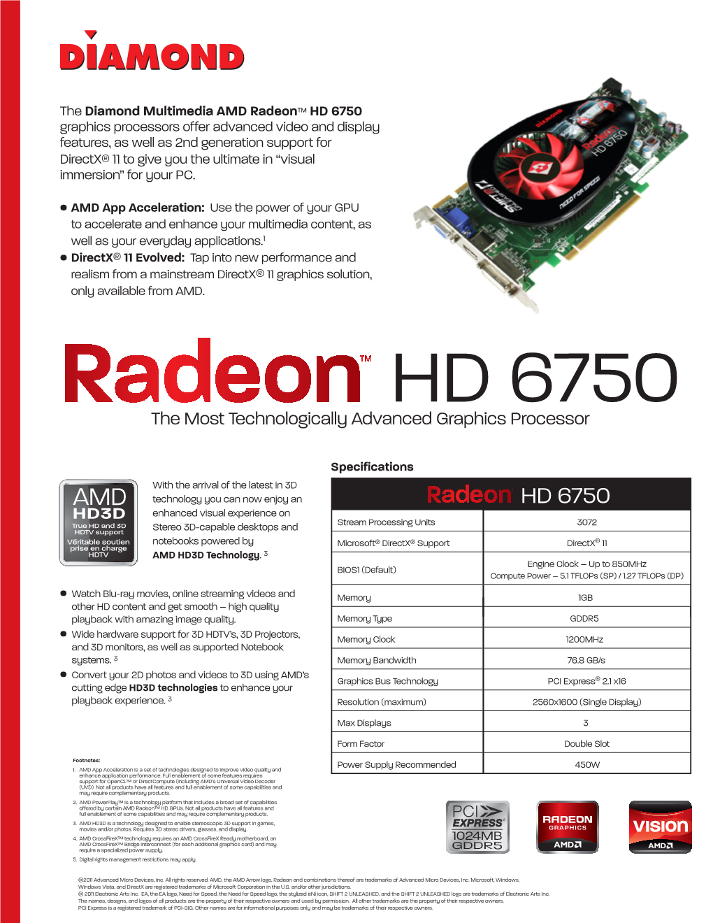 The Diamond Multimedia AMD Radeon™ HD 6750 Graphics Processors Offer Advanced Video and Display Features, As Well As 2Nd Gener