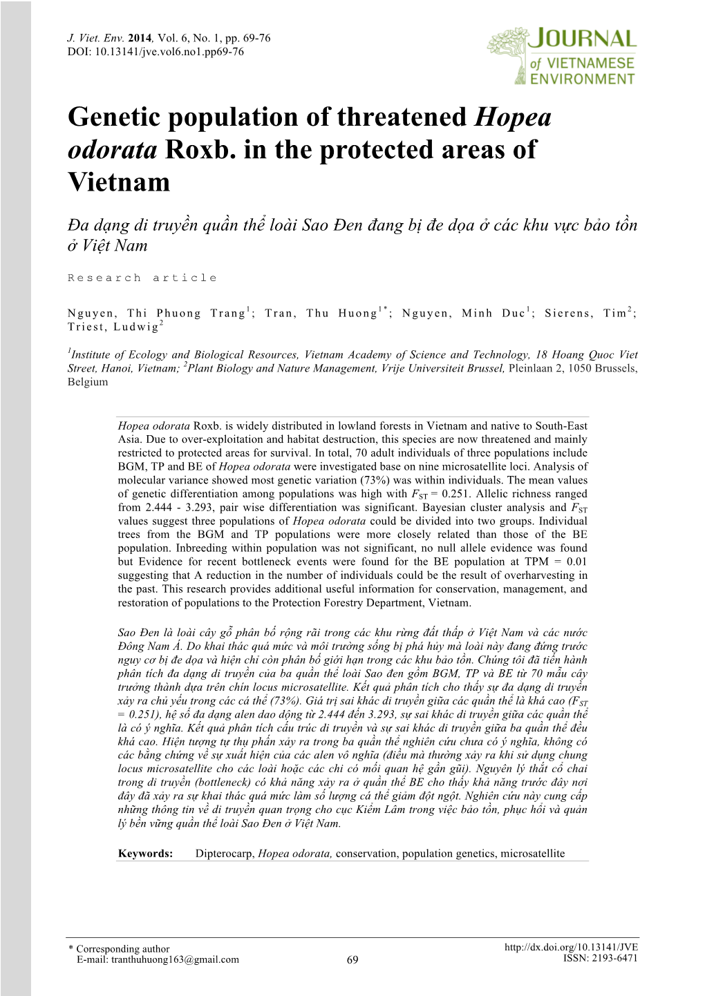 Genetic Population of Threatened Hopea Odorata Roxb. in the Protected Areas of Vietnam