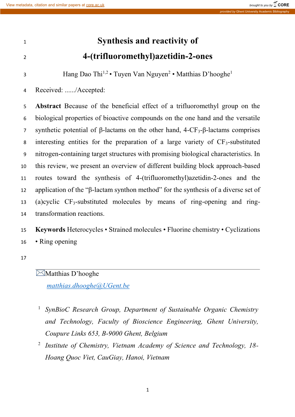 Synthesis and Reactivity of 4-(Trifluoromethyl)Azetidin-2-Ones