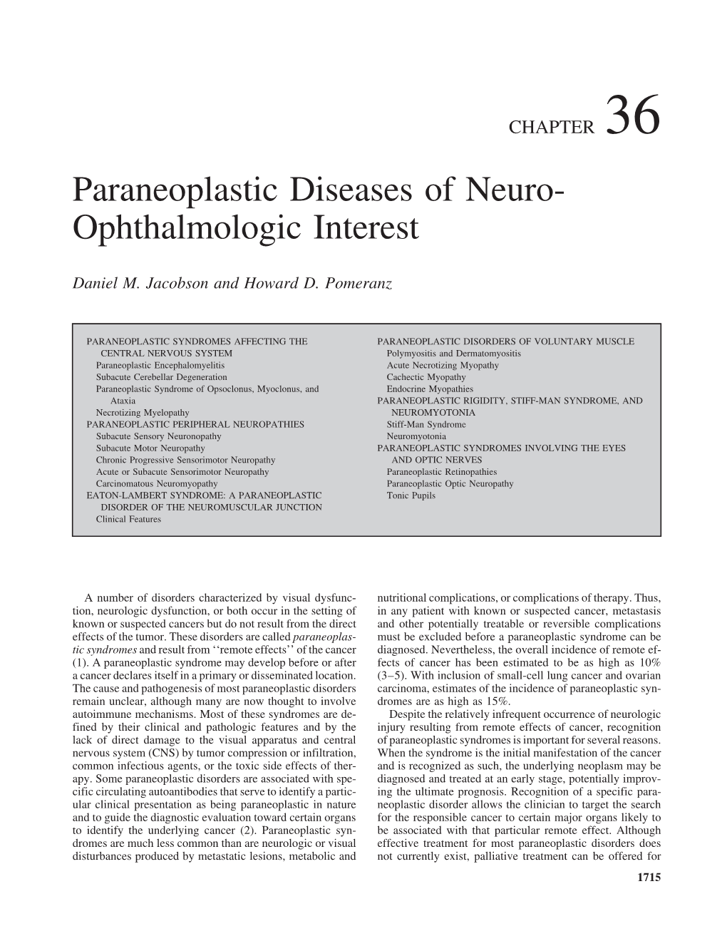 Paraneoplastic Diseases of Neuro- Ophthalmologic Interest