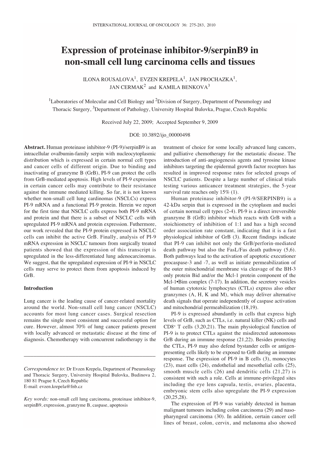 Expression of Proteinase Inhibitor-9/Serpinb9 in Non-Small Cell Lung Carcinoma Cells and Tissues