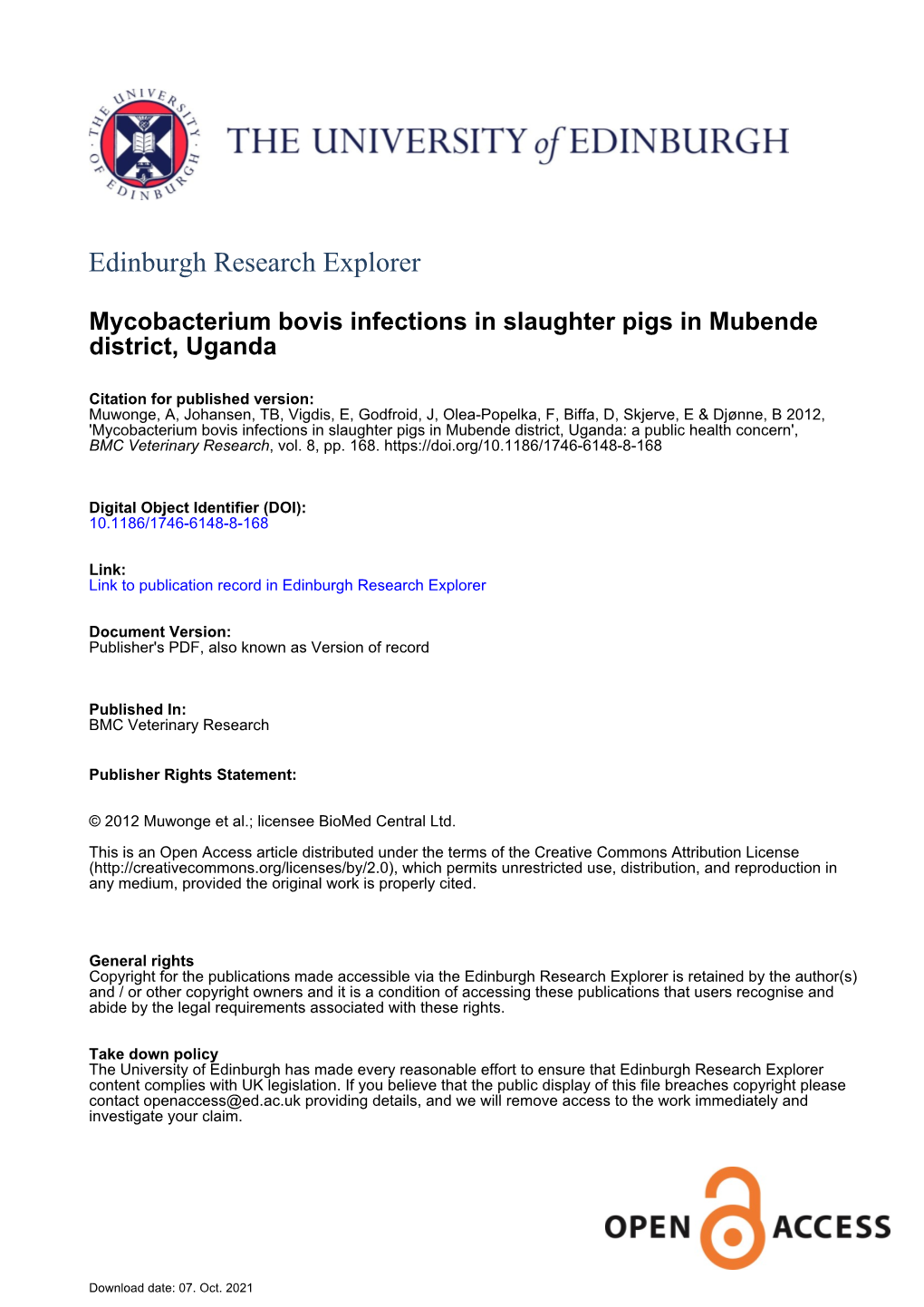 Mycobacterium Bovis Infections in Slaughter Pigs in Mubende District, Uganda