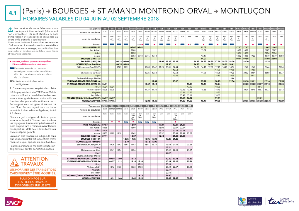 Bourges St Amand Montrond Orval Montluçon Horaires Valables Du 04 Juin Au 02 Septembre 2018