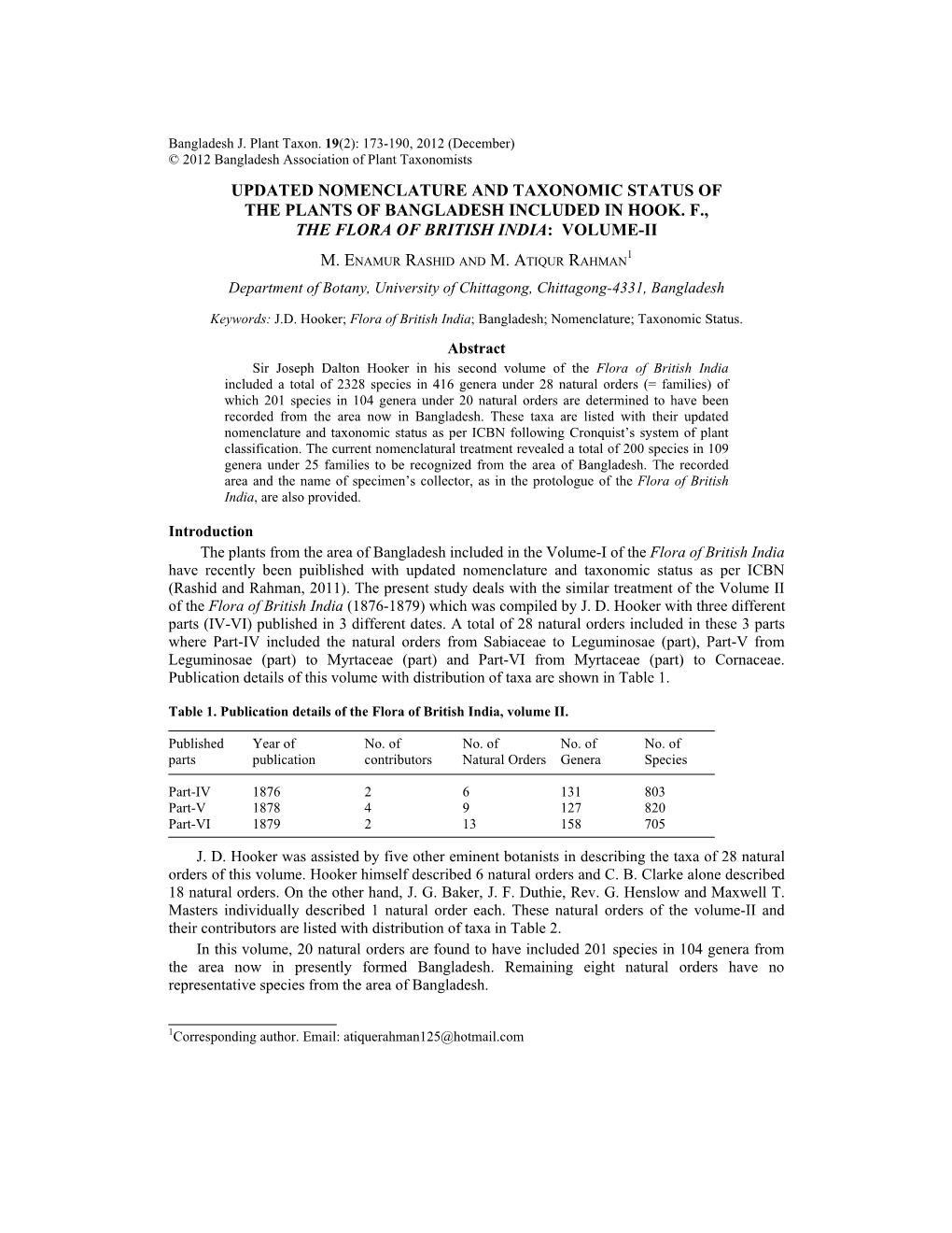 Updated Nomenclature and Taxonomic Status of the Plants of Bangladesh Included in Hook