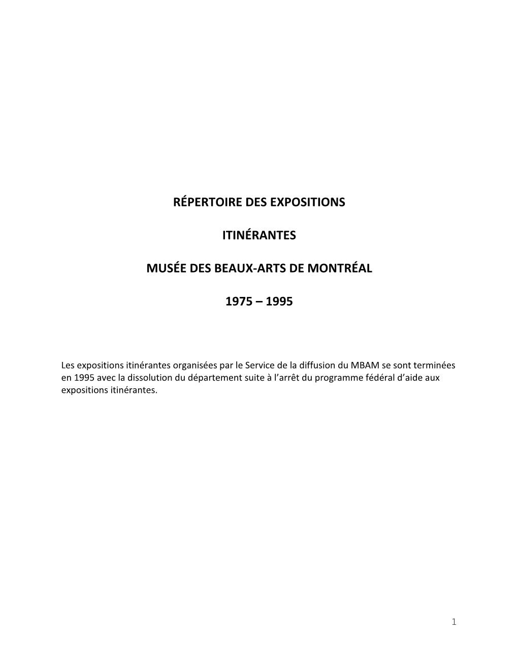 Répertoire Des Expositions Itinérantes 1975-1995