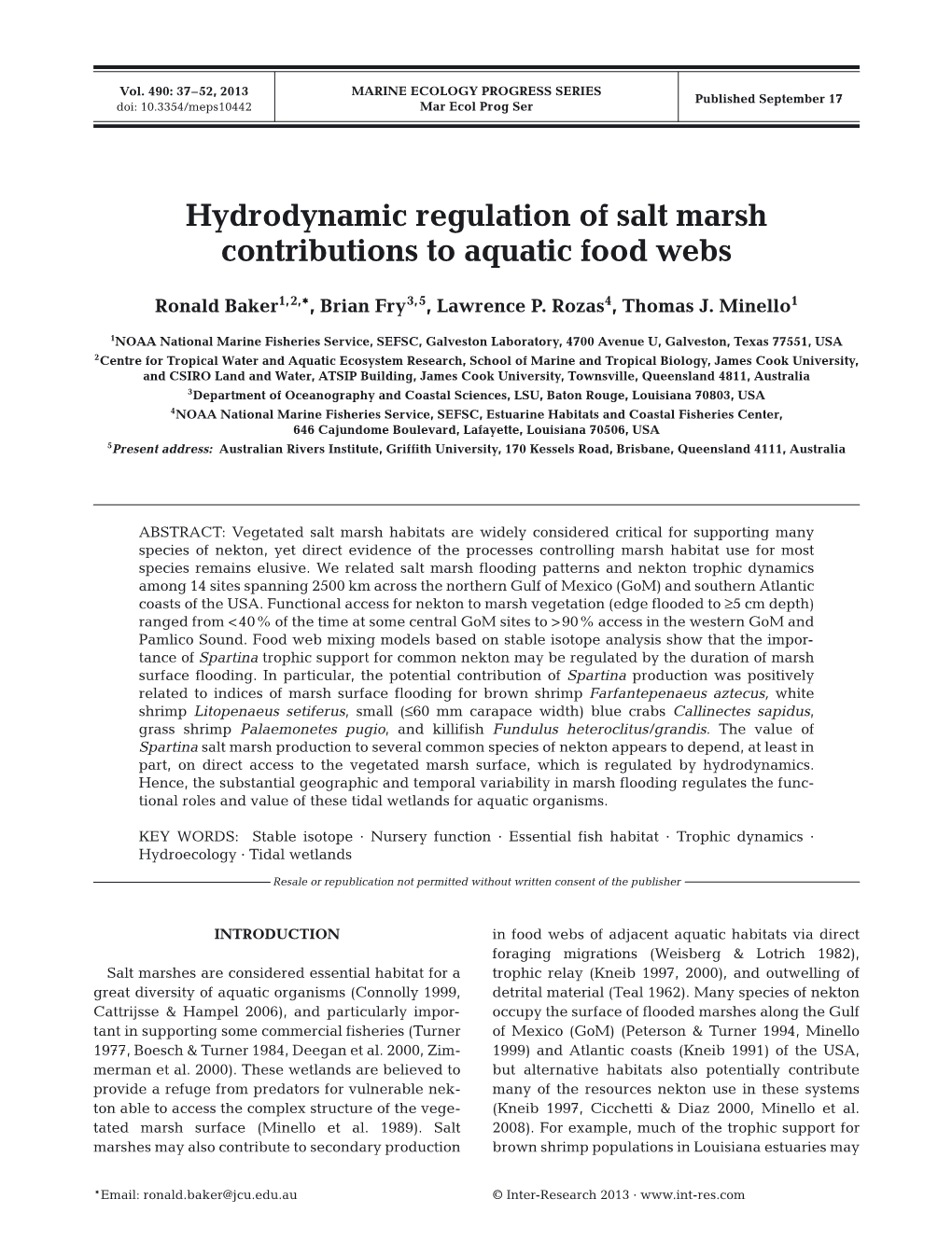 Hydrodynamic Regulation of Salt Marsh Contributions to Aquatic Food Webs