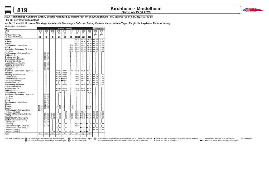 Kirchheim - Mindelheim 819 Gültig Ab 15.06.2020 RBA Regionalbus Augsburg Gmbh, Betrieb Augsburg, Eichleitnerstr