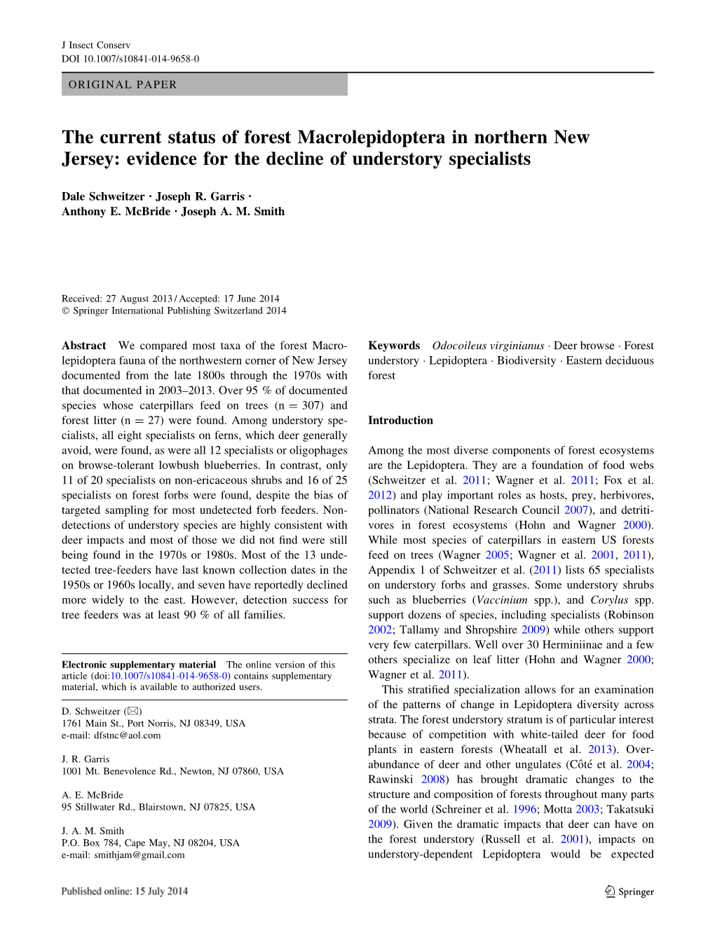 The Current Status of Forest Macrolepidoptera in Northern New Jersey: Evidence for the Decline of Understory Specialists