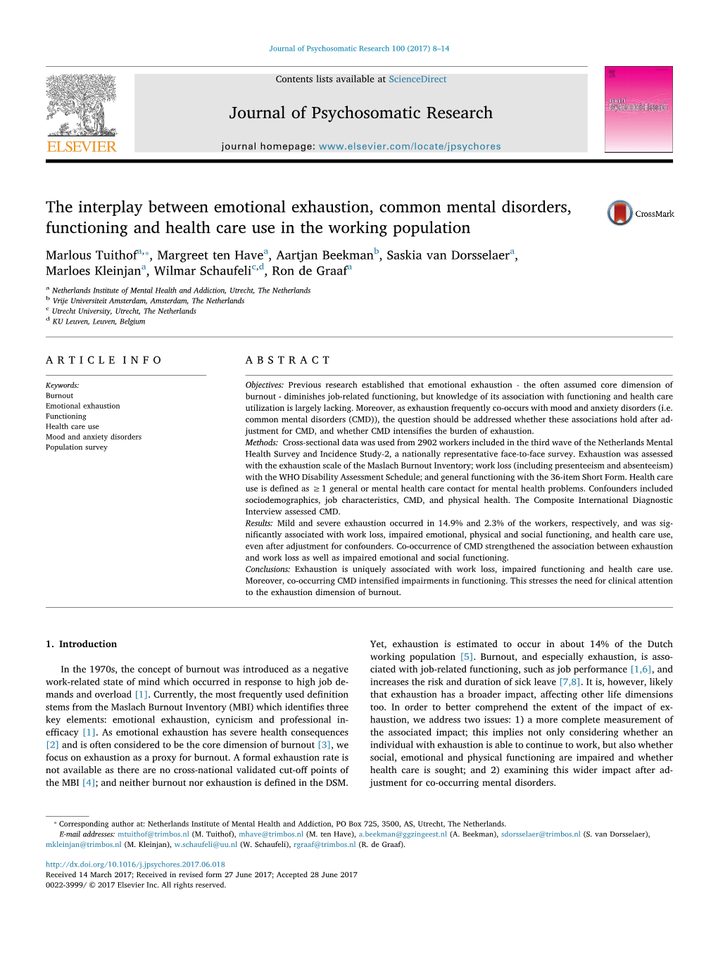 The Interplay Between Emotional Exhaustion, Common Mental Disorders, MARK Functioning and Health Care Use in the Working Population