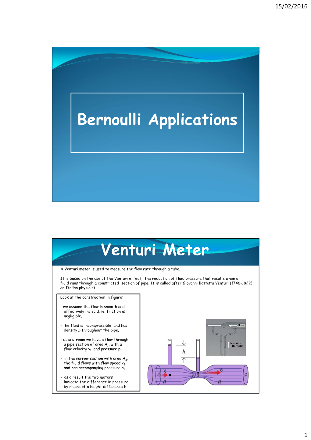 Bernoulli Applications Venturi Meter