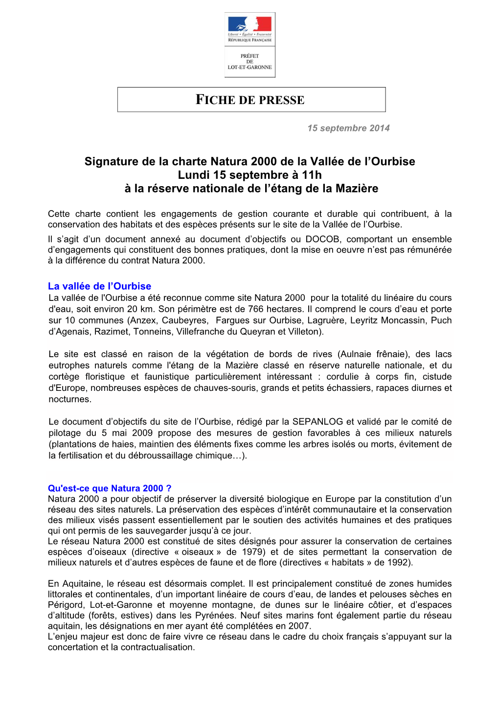 FICHE DE PRESSE : Signature De La Charte Natura 2000 De La Vallée De L