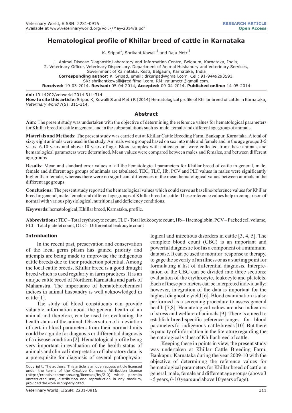 Hematological Profile of Khillar Breed of Cattle in Karnataka