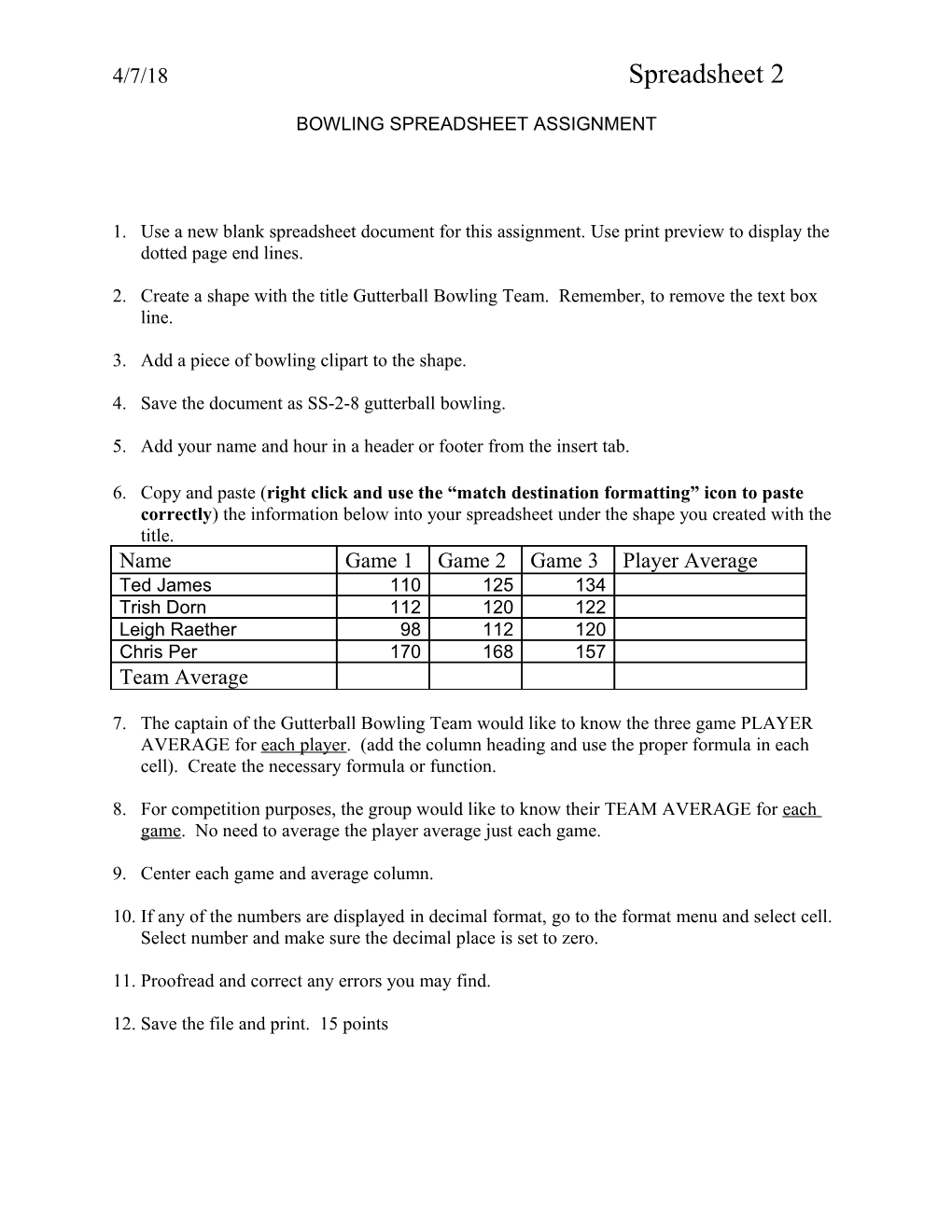 Bowling Spreadsheet Assignment