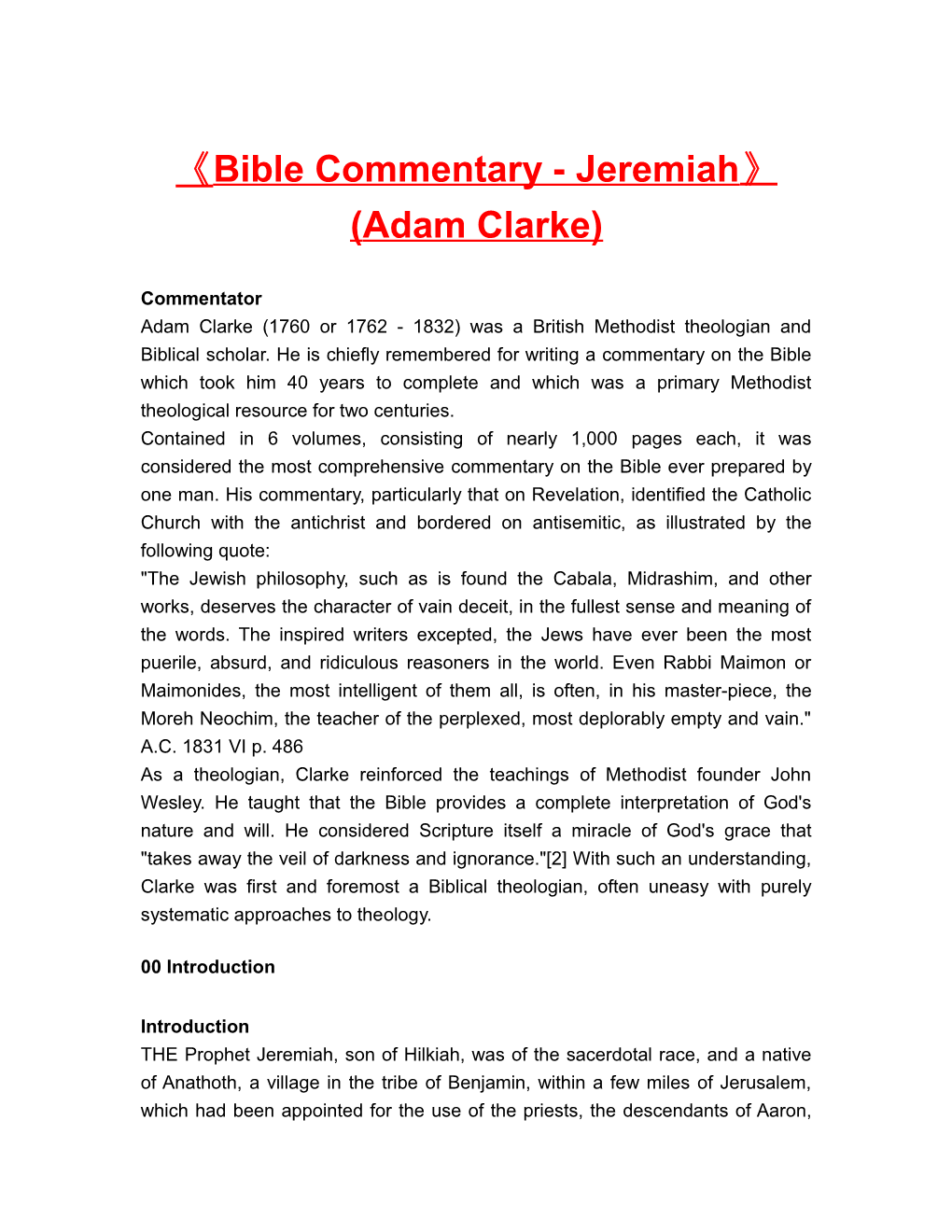 Bible Commentary - Jeremiah (Adam Clarke)