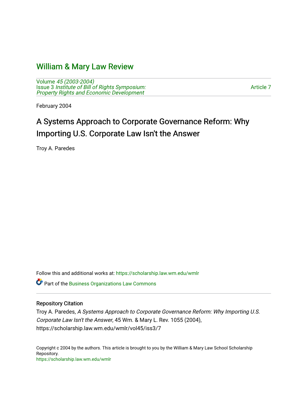 A Systems Approach to Corporate Governance Reform: Why Importing U.S