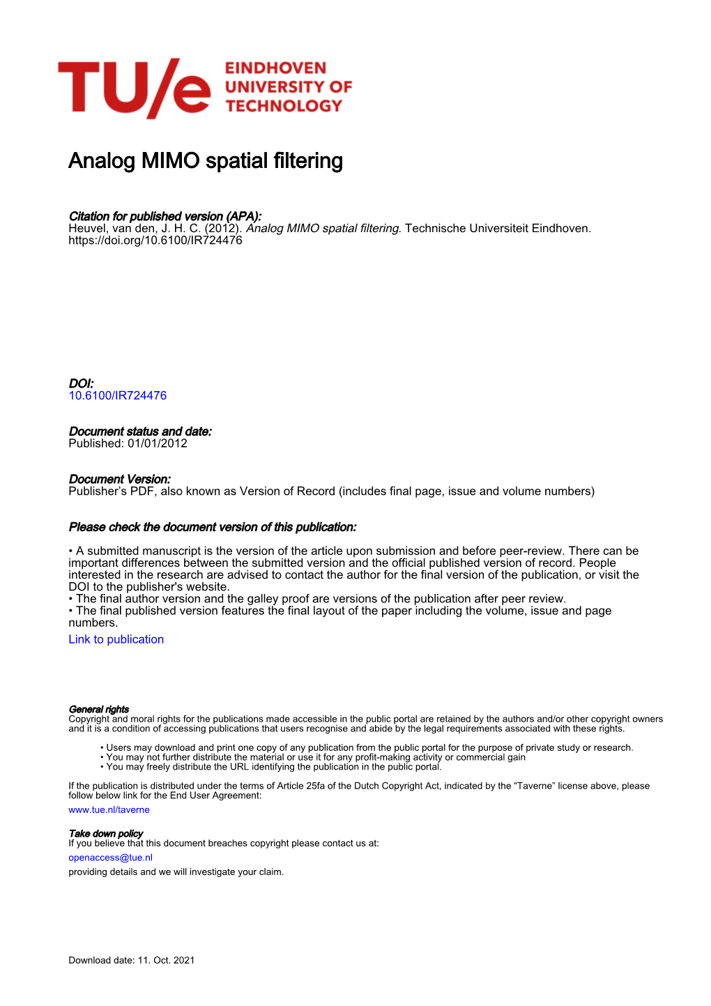 Analog MIMO Spatial Filtering
