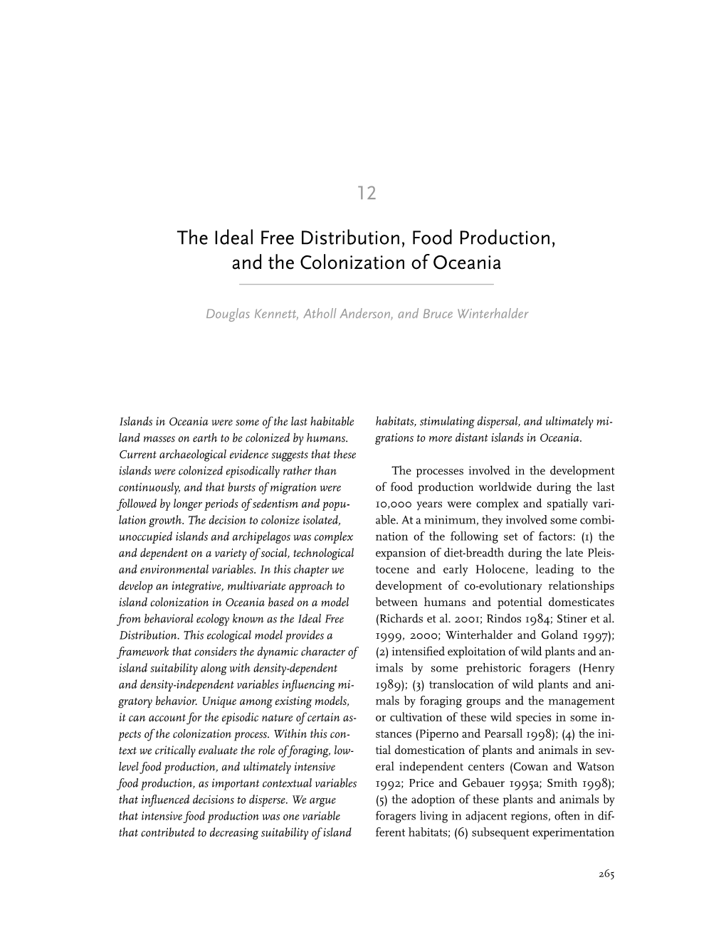 12 the Ideal Free Distribution, Food Production, and the Colonization Of