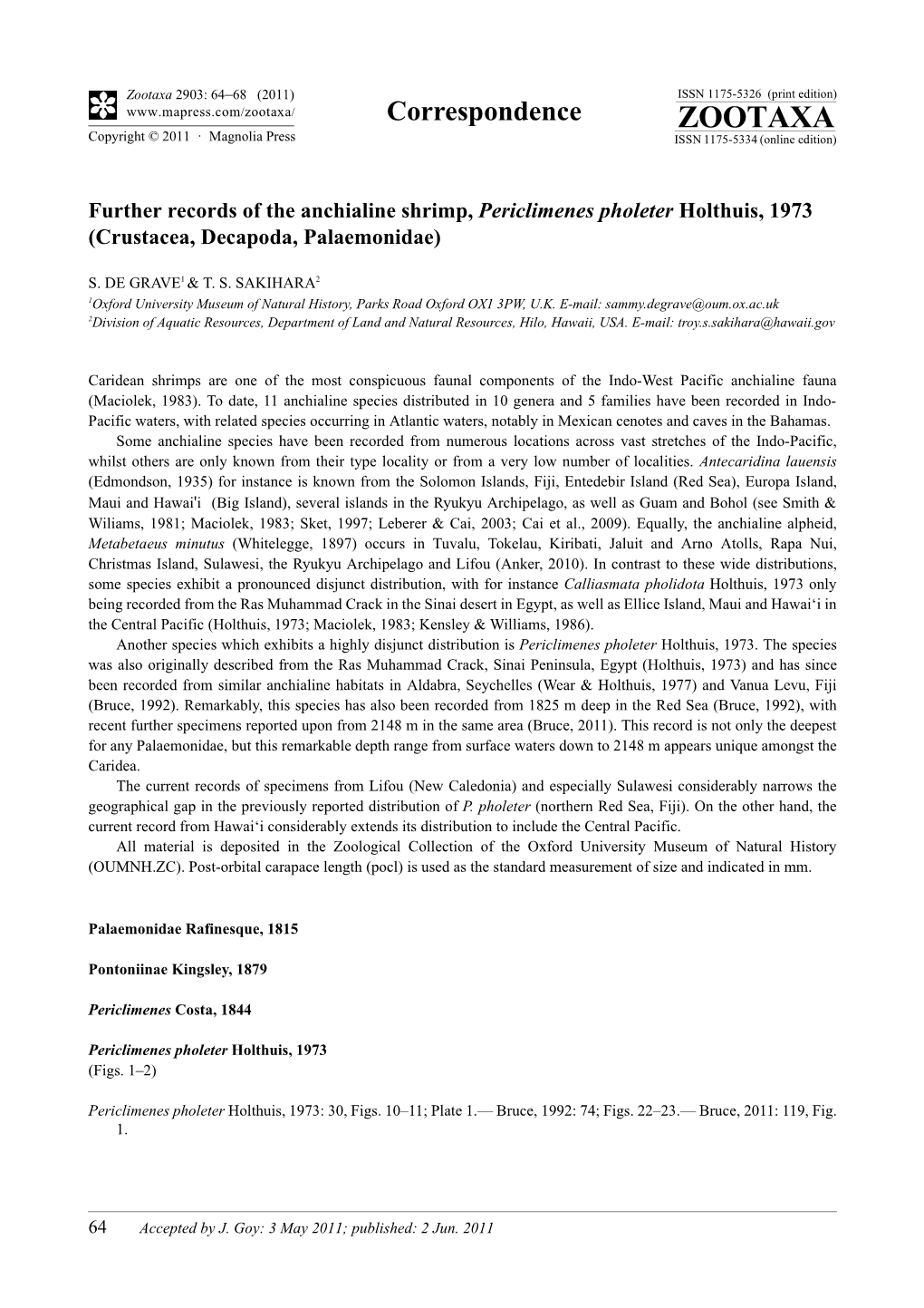 Further Records of the Anchialine Shrimp, Periclimenes Pholeter Holthuis, 1973 (Crustacea, Decapoda, Palaemonidae)