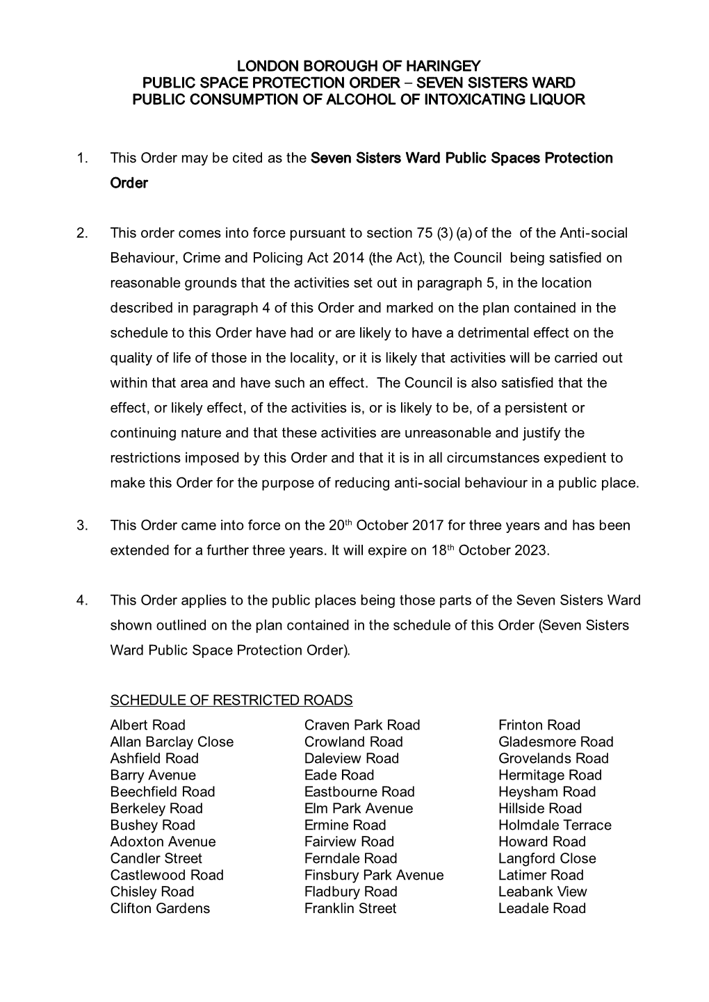 Seven Sisters Ward Public Consumption of Alcohol of Intoxicating Liquor