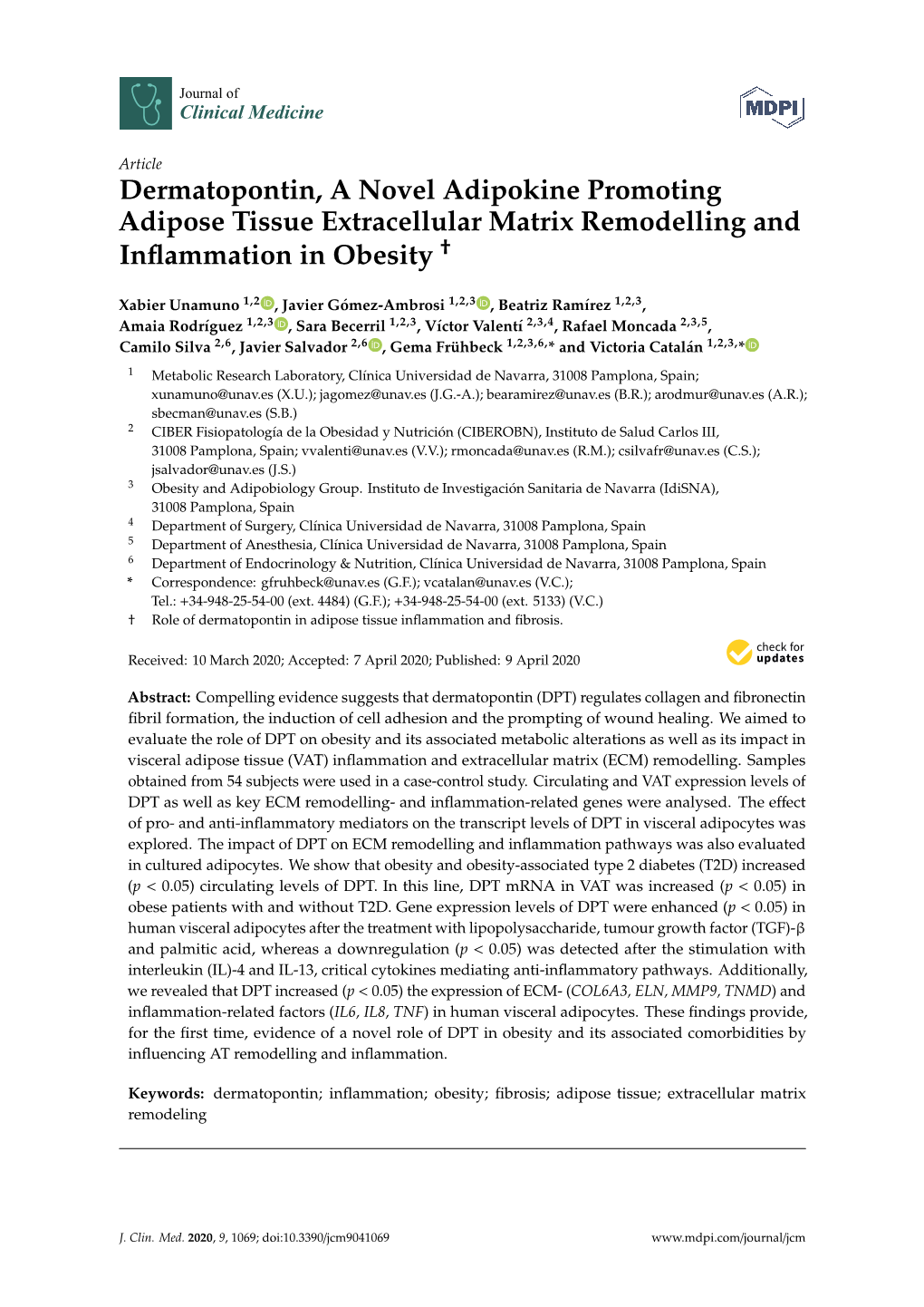 Dermatopontin, a Novel Adipokine Promoting Adipose Tissue Extracellular Matrix Remodelling and † Inﬂammation in Obesity