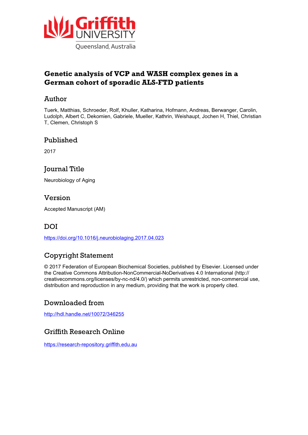 Genetic Analysis of VCP and WASH Complex Genes in a German Cohort of Sporadic ALS-FTD Patients