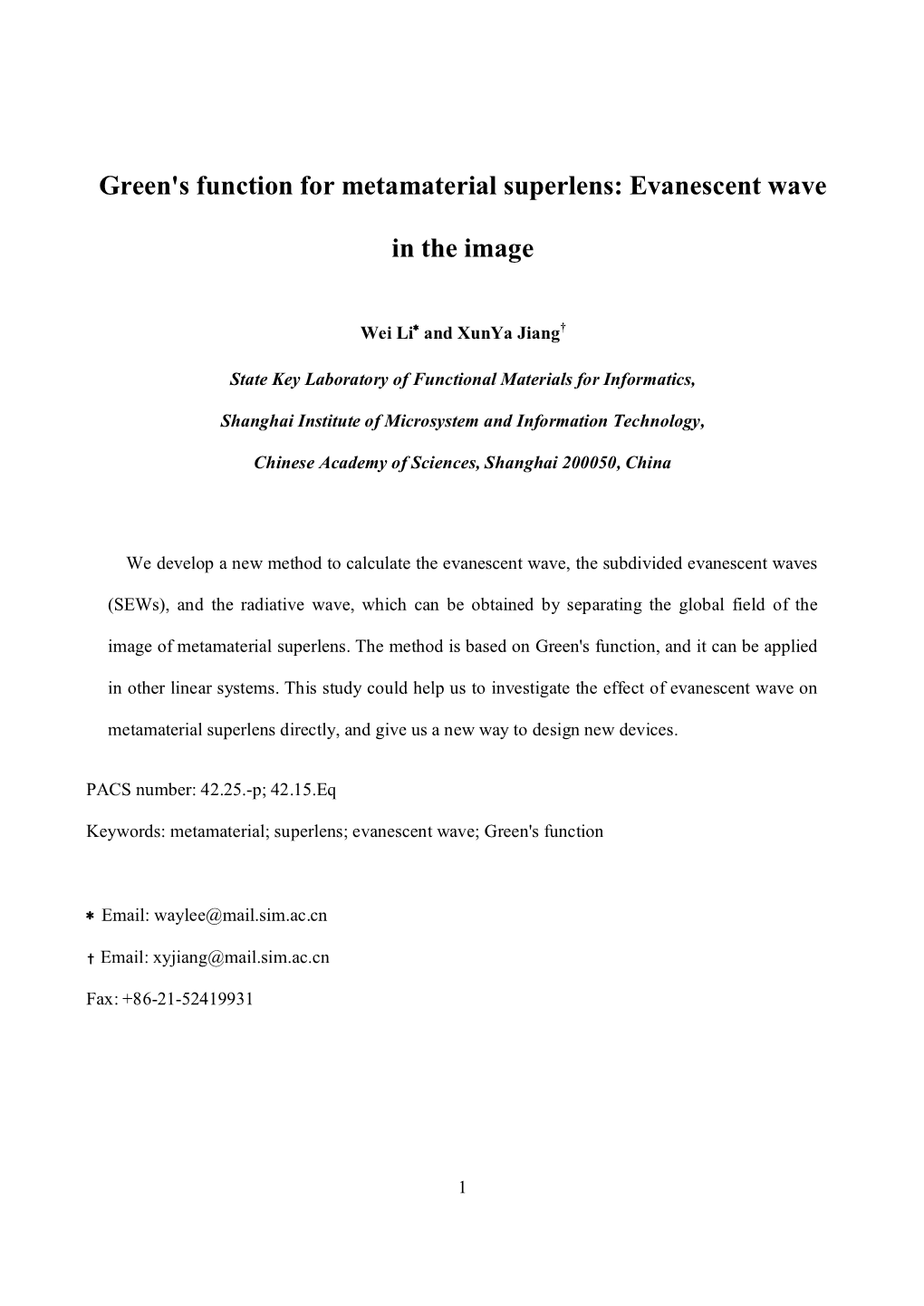 Green's Function for Metamaterial Superlens: Evanescent Wave in The