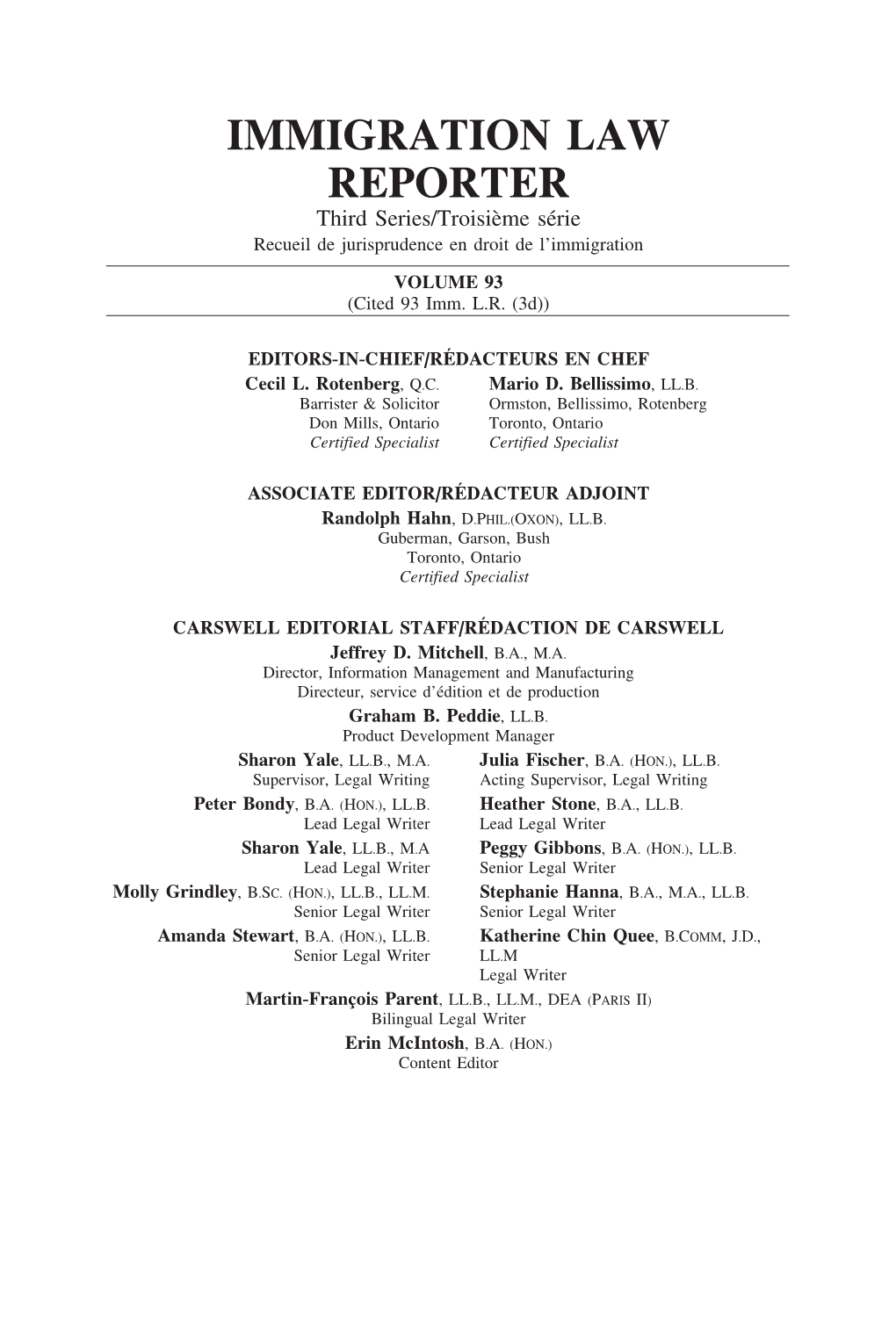 IMMIGRATION LAW REPORTER Third Series/Troisi`Eme S´Erie Recueil De Jurisprudence En Droit De L’Immigration