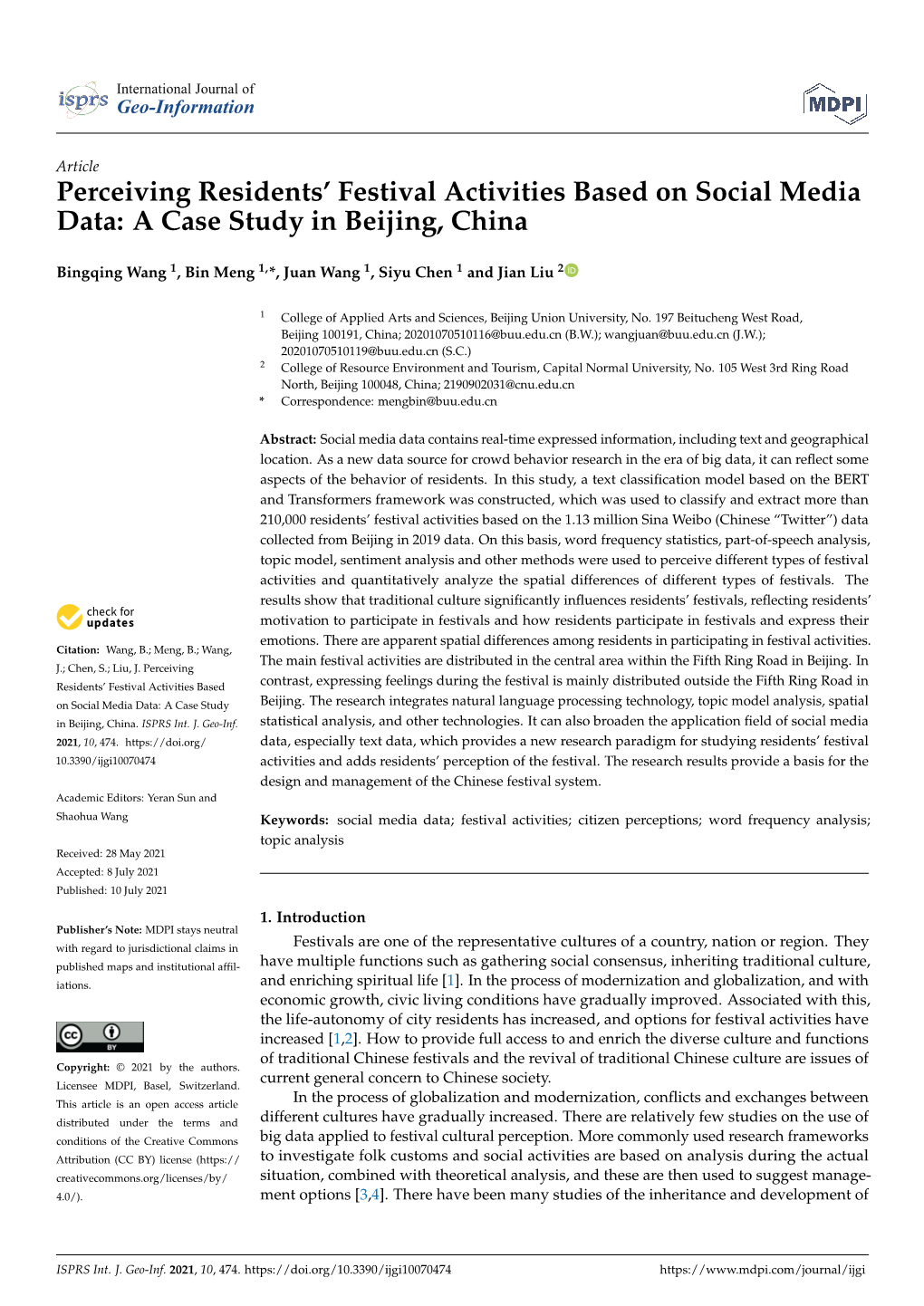 Perceiving Residents' Festival Activities Based on Social Media Data