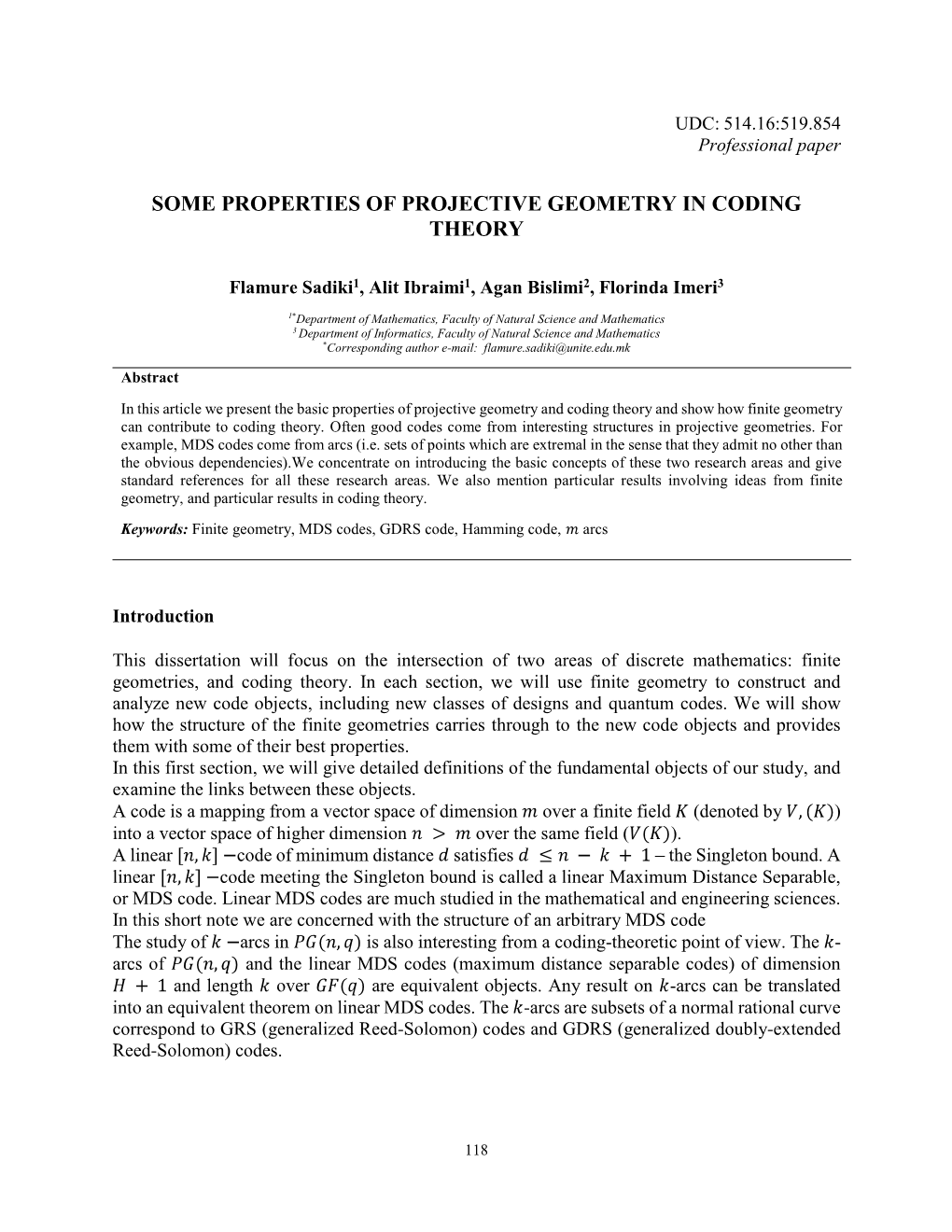 Some Properties of Projective Geometry in Coding Theory