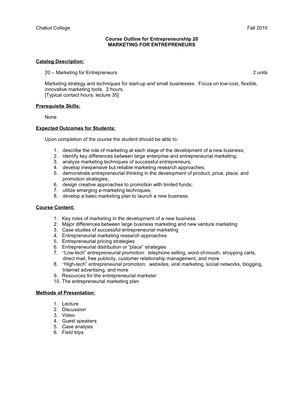 Course Outline for Entrepreneurship 20, Page 2