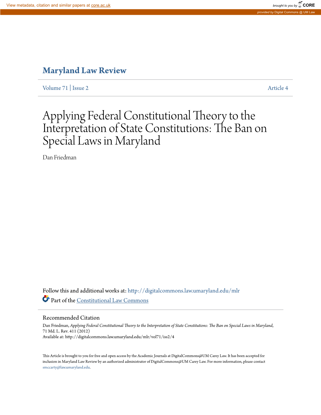 Applying Federal Constitutional Theory to the Interpretation of State Constitutions: the Ban on Special Laws in Maryland, 71 Md