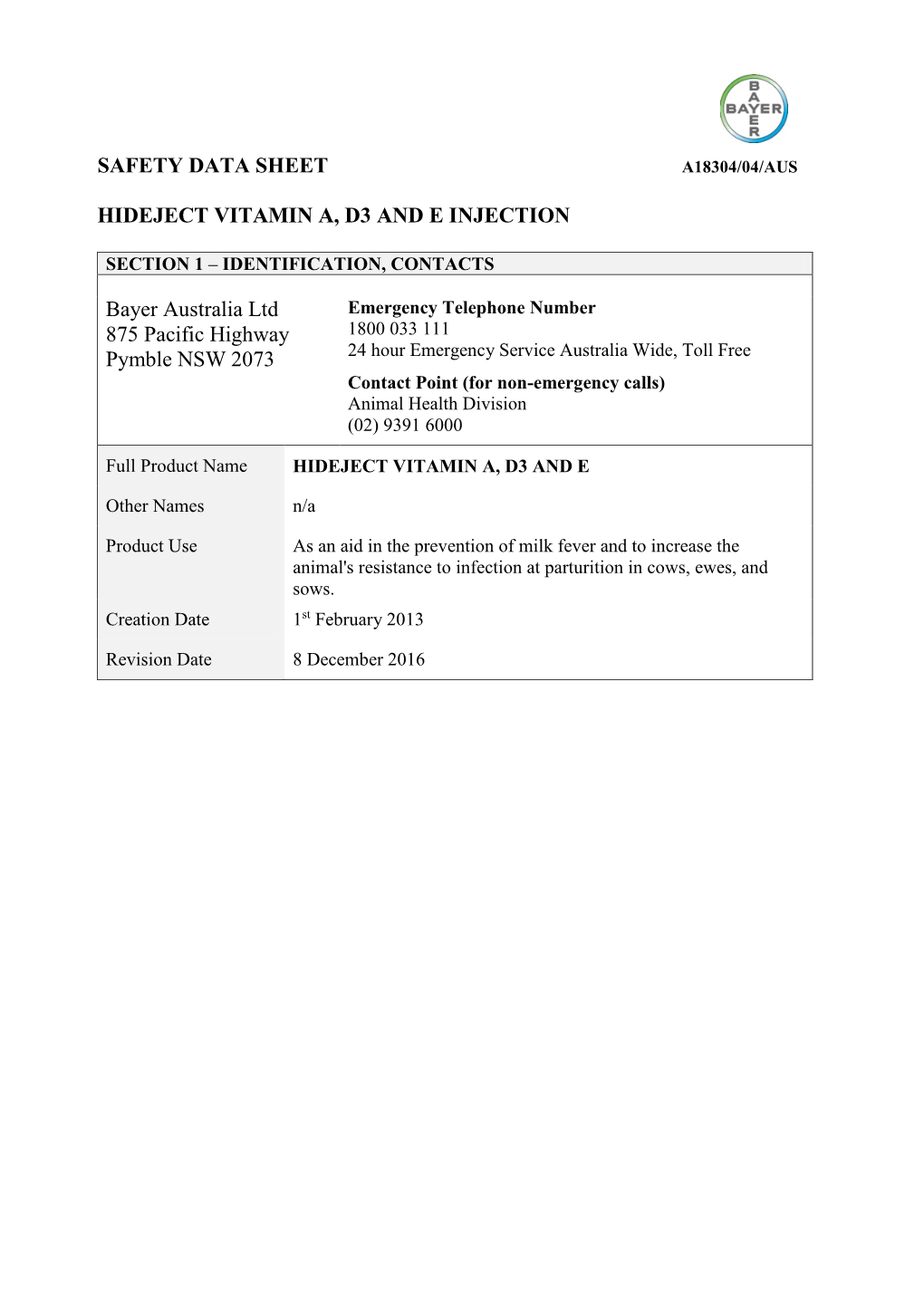 Safety Data Sheet A18304/04/Aus