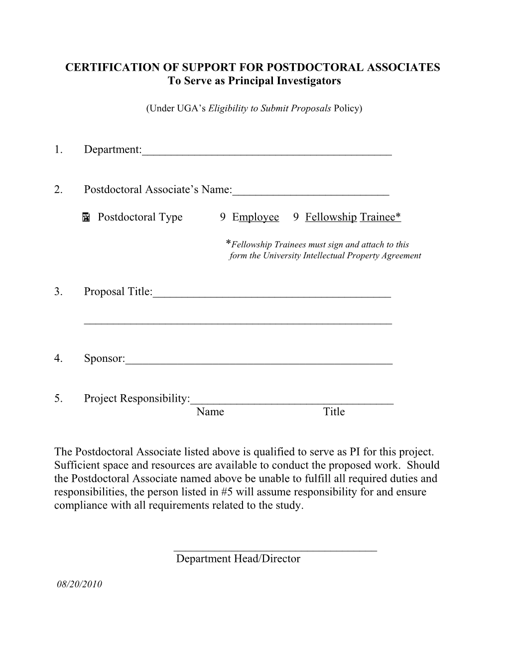 Certification of Support for Postdoctoral Associates Serving As Principal Investigators