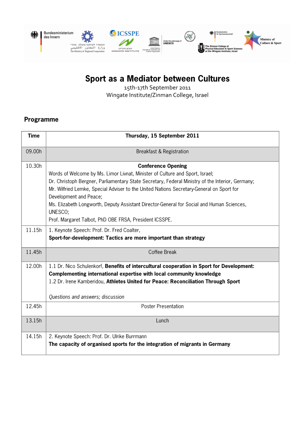 Sport As a Mediator Between Cultures 15Th-17Th September 2011 Wingate Institute/Zinman College, Israel