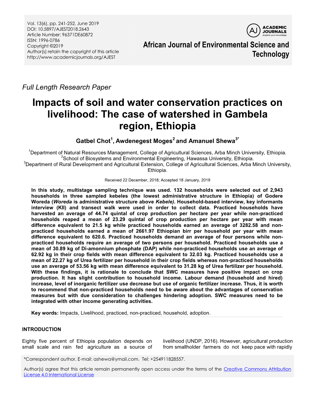 Impacts of Soil and Water Conservation Practices on Livelihood: the Case of Watershed in Gambela Region, Ethiopia