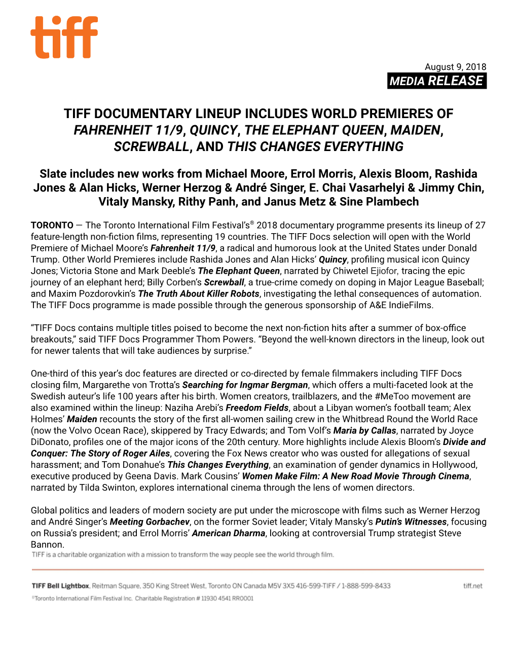 Media Release . Tiff Documentary Lineup