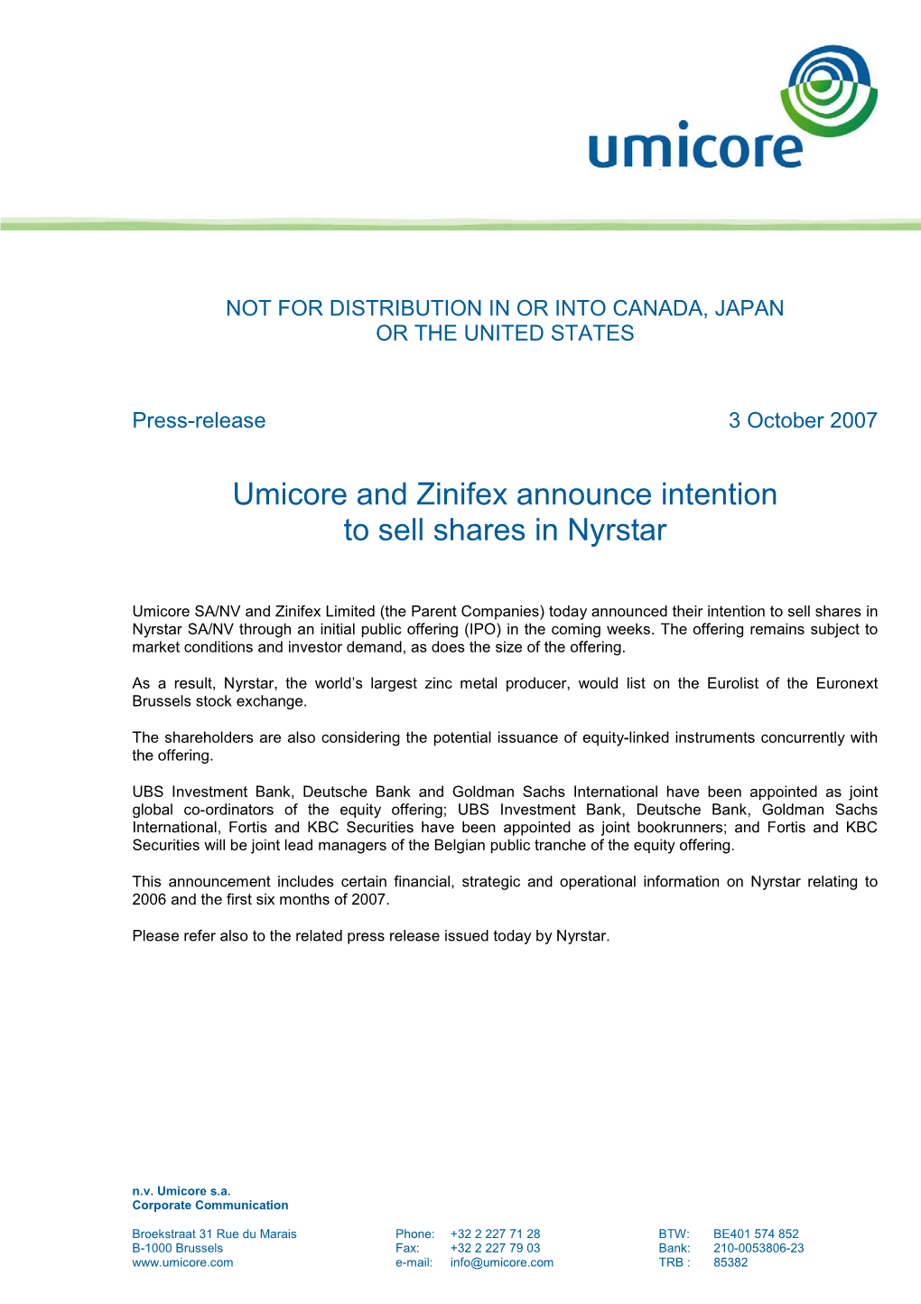 Umicore and Zinifex Announce Intention to Sell Shares in Nyrstar