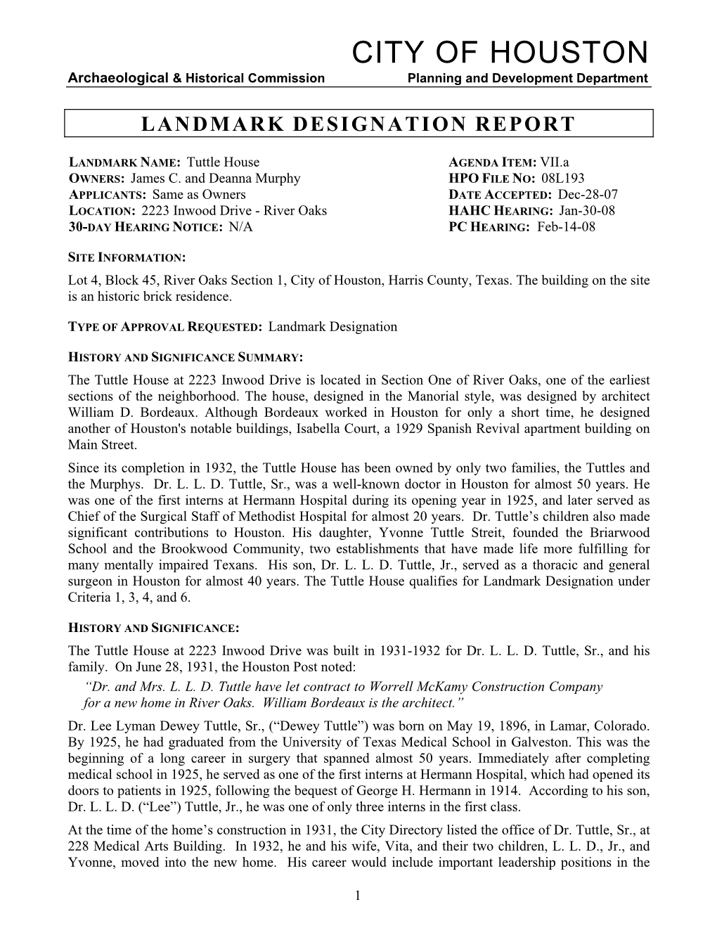 Landmark Designation Report