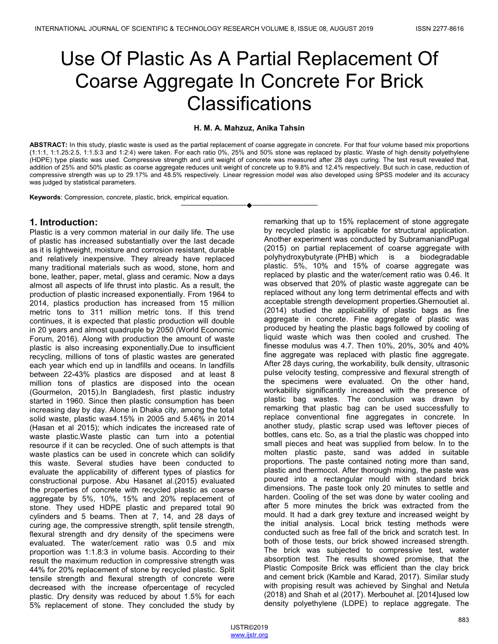 Use of Plastic As a Partial Replacement of Coarse Aggregate in Concrete for Brick Classifications