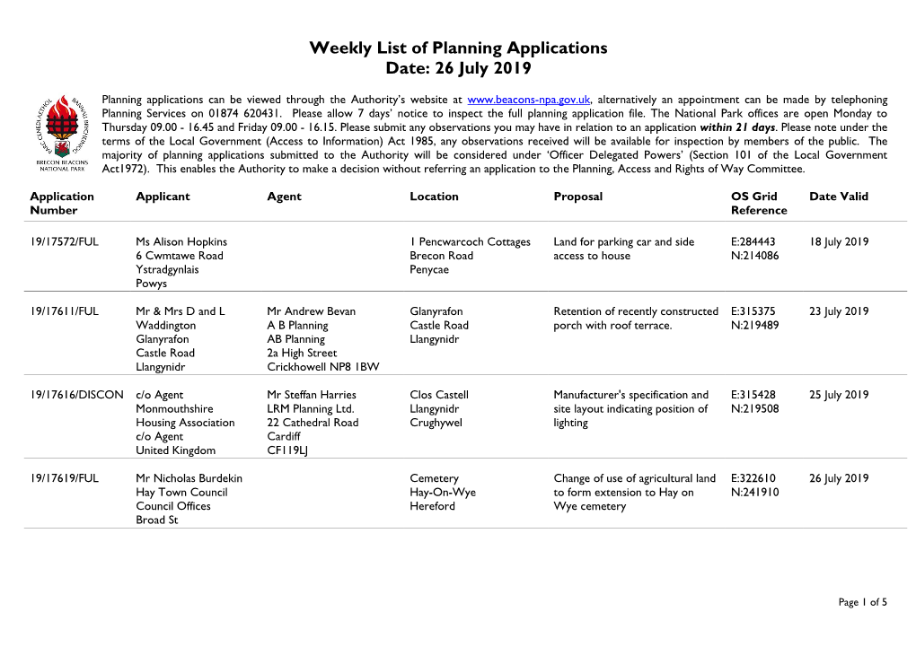 Weekly List of Planning Applications Date: 26 July 2019