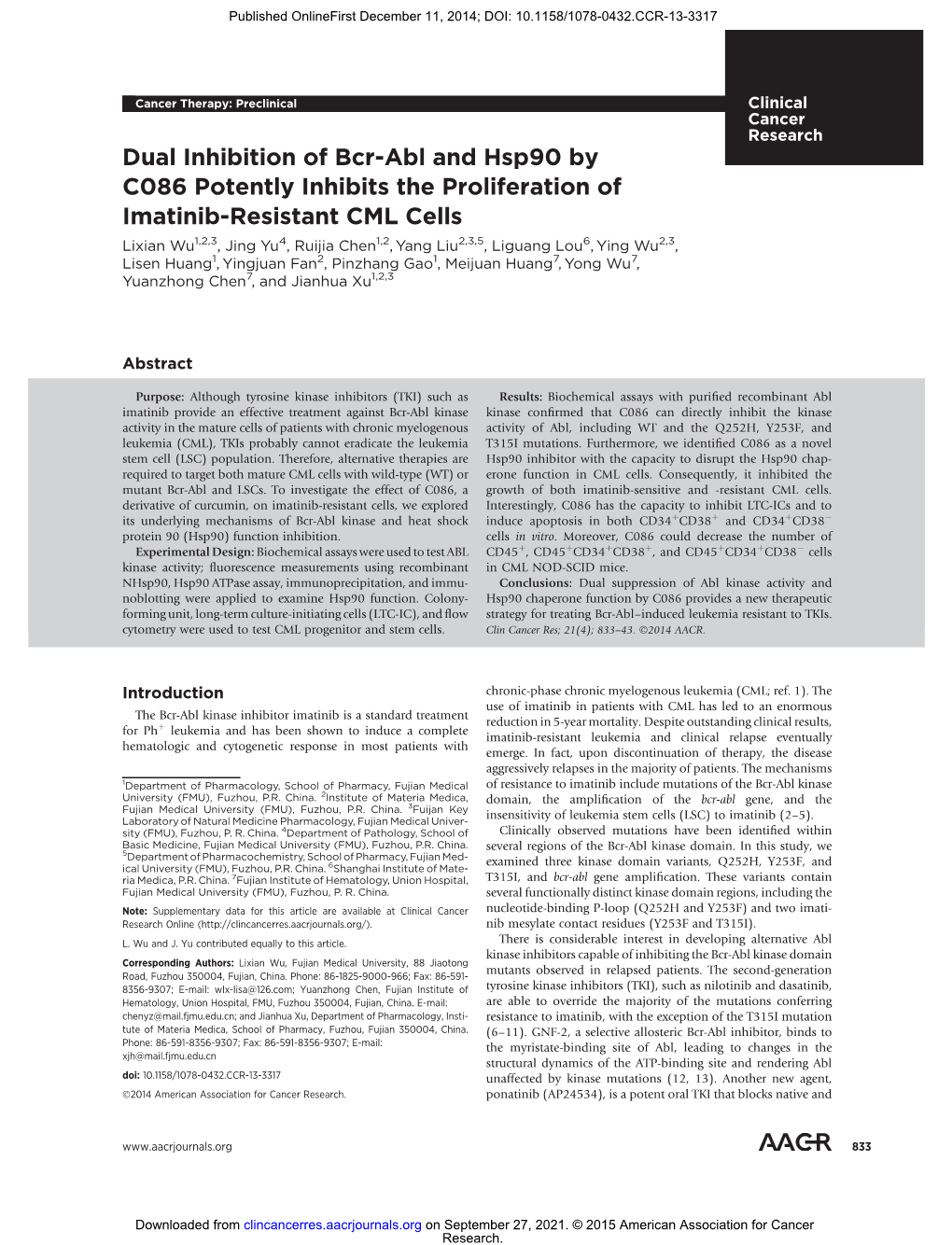 Dual Inhibition of Bcr-Abl and Hsp90 by C086 Potently Inhibits the Proliferation of Imatinib-Resistant CML Cells