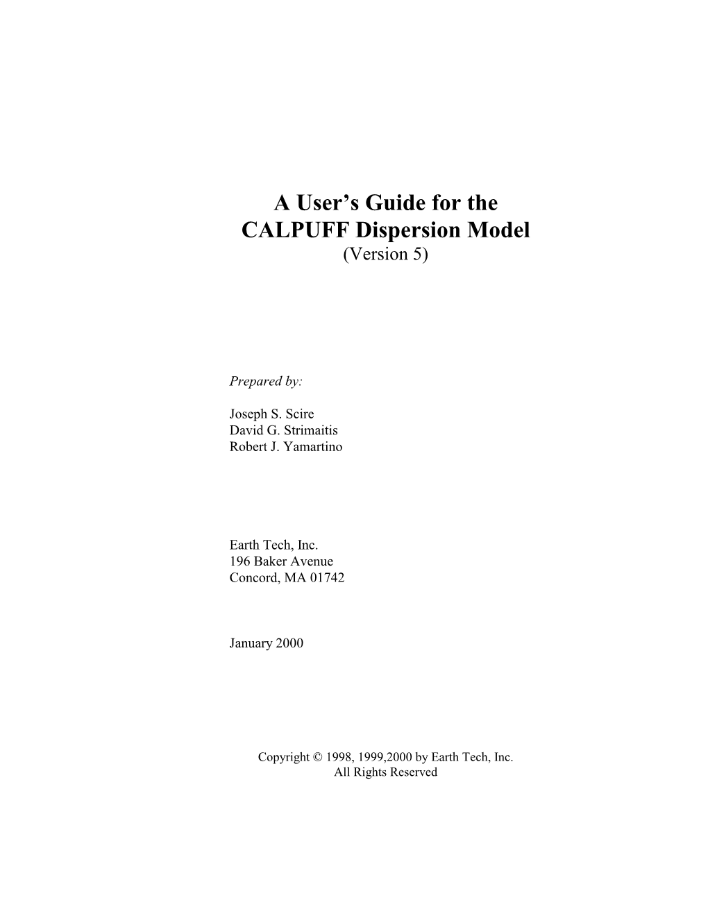 A User's Guide for the CALPUFF Dispersion Model