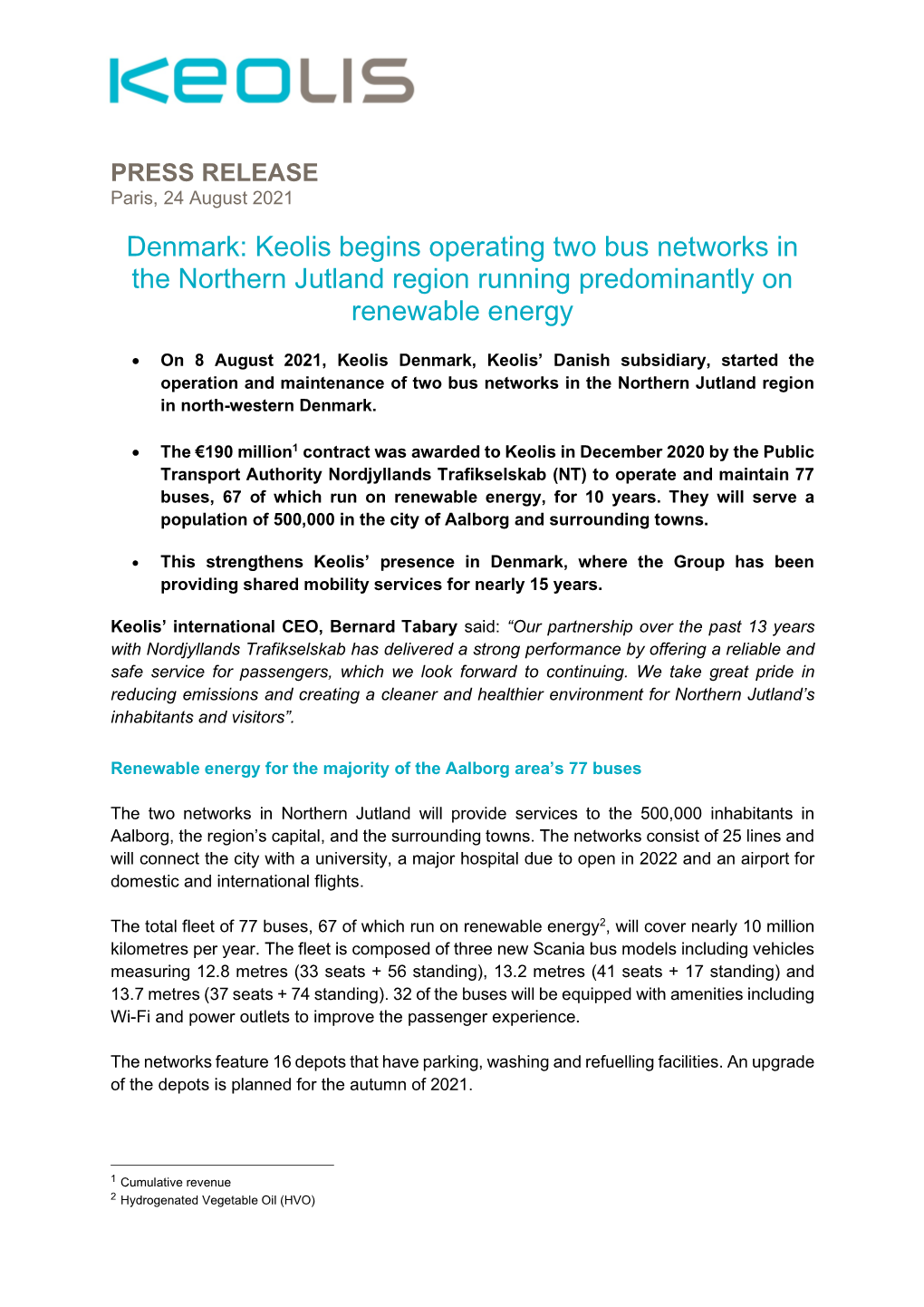 Denmark: Keolis Begins Operating Two Bus Networks in the Northern Jutland Region Running Predominantly on Renewable Energy