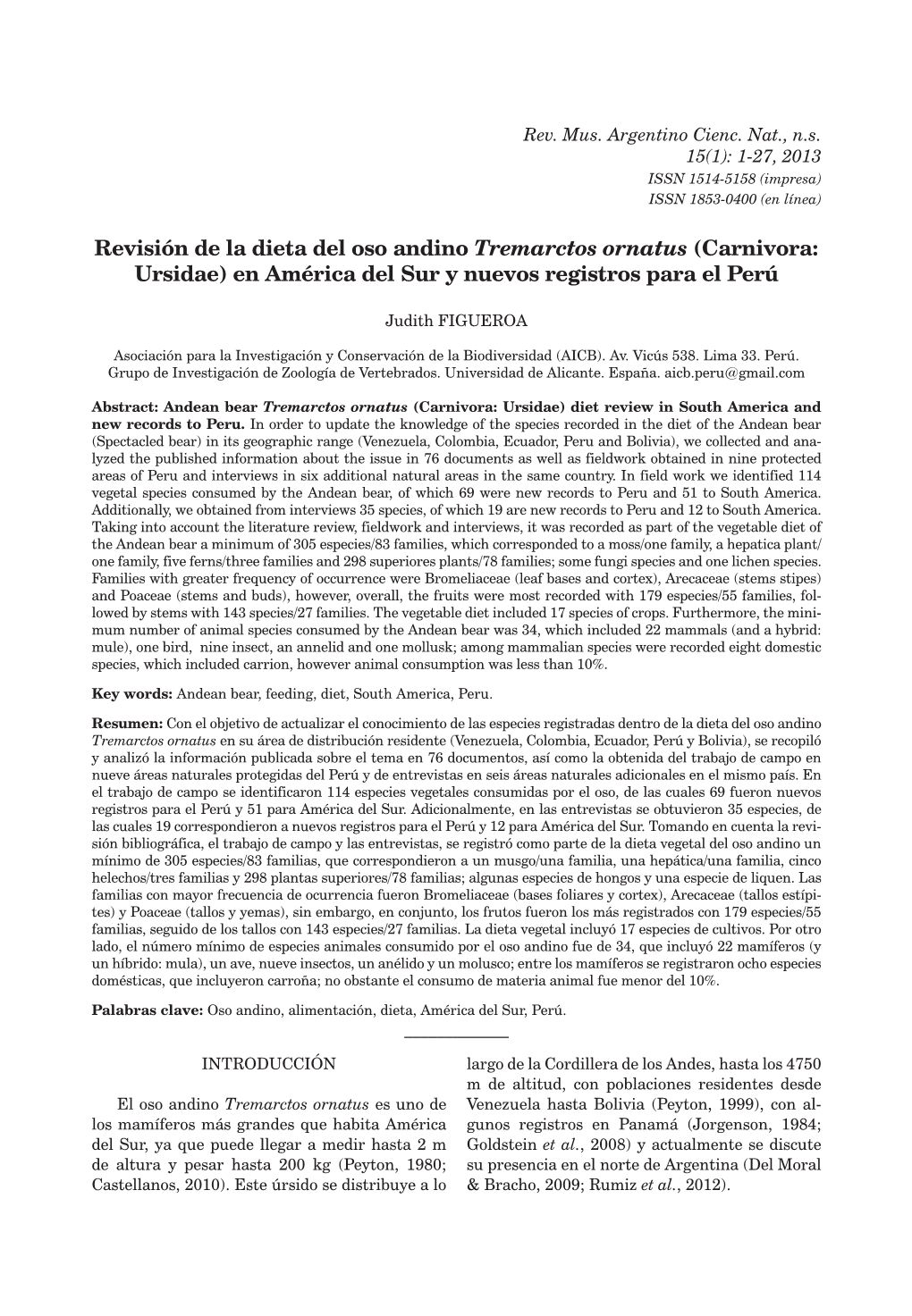 Revisión De La Dieta Del Oso Andino Tremarctos Ornatus (Carnivora: Ursidae) En América Del Sur Y Nuevos Registros Para El Perú