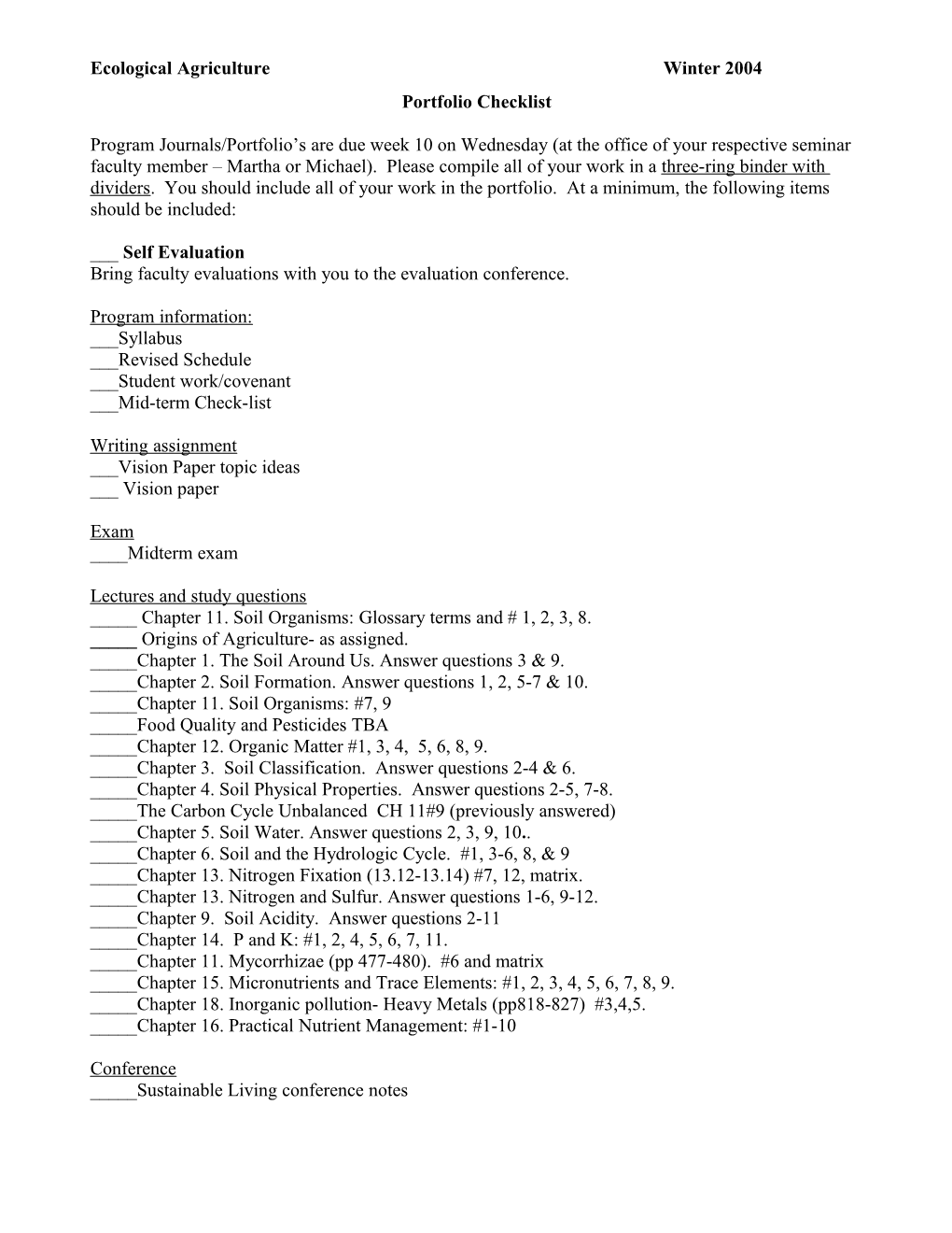 Ecological Agriculture Winter 2004